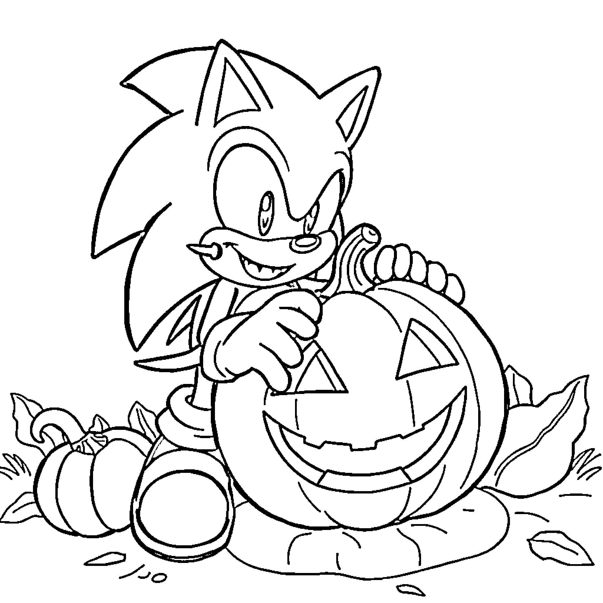 Sonic holding a pumpkin Halloween decoration Coloring Page (free black-and-white line drawing printable PDF for all, from beginners to advanced learners, including children, teens, adults, and seniors)