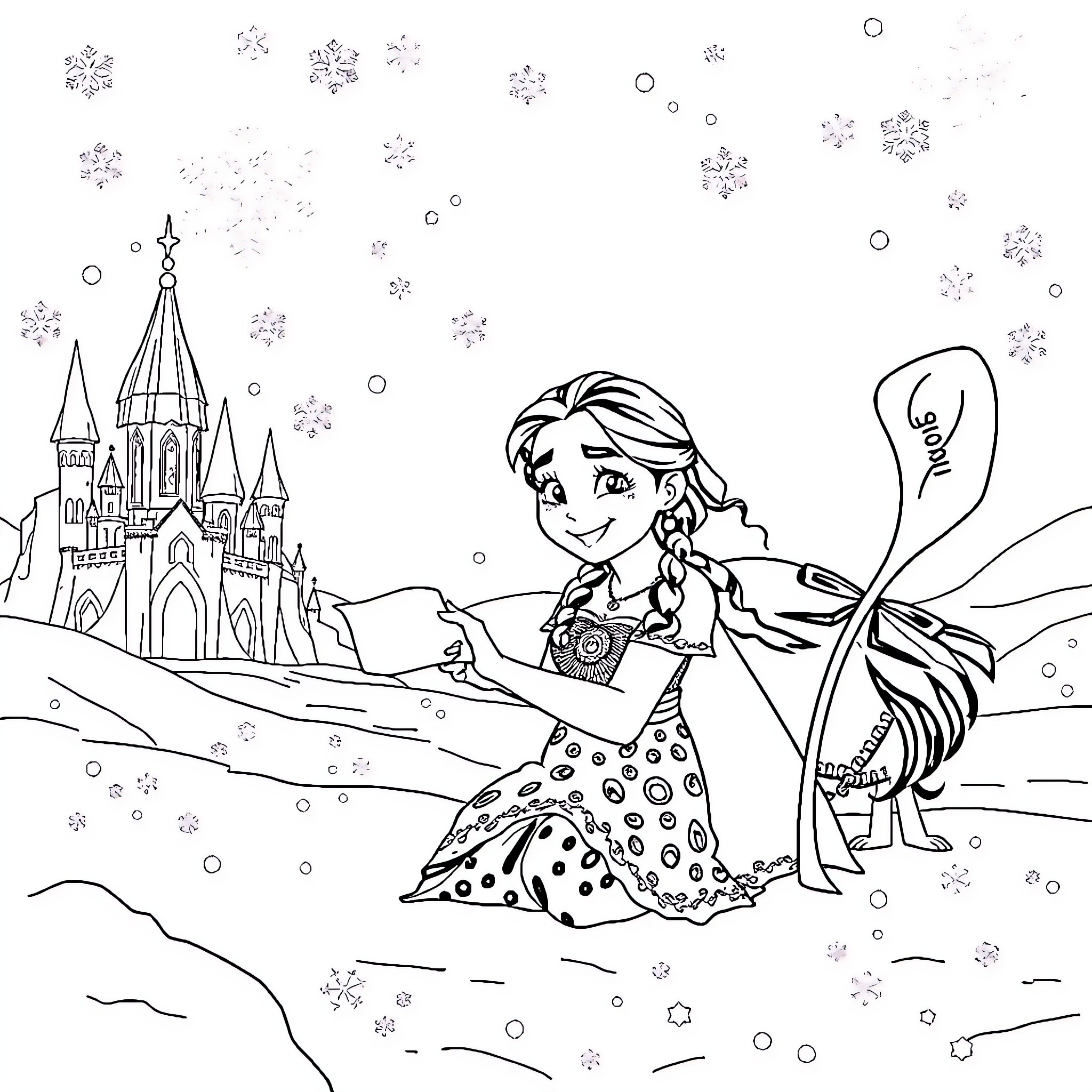 Moana exploring a magical winter wonderland Coloring Page (free black-and-white line drawing printable PDF for all, from beginners to advanced learners, including children, teens, adults, and seniors)