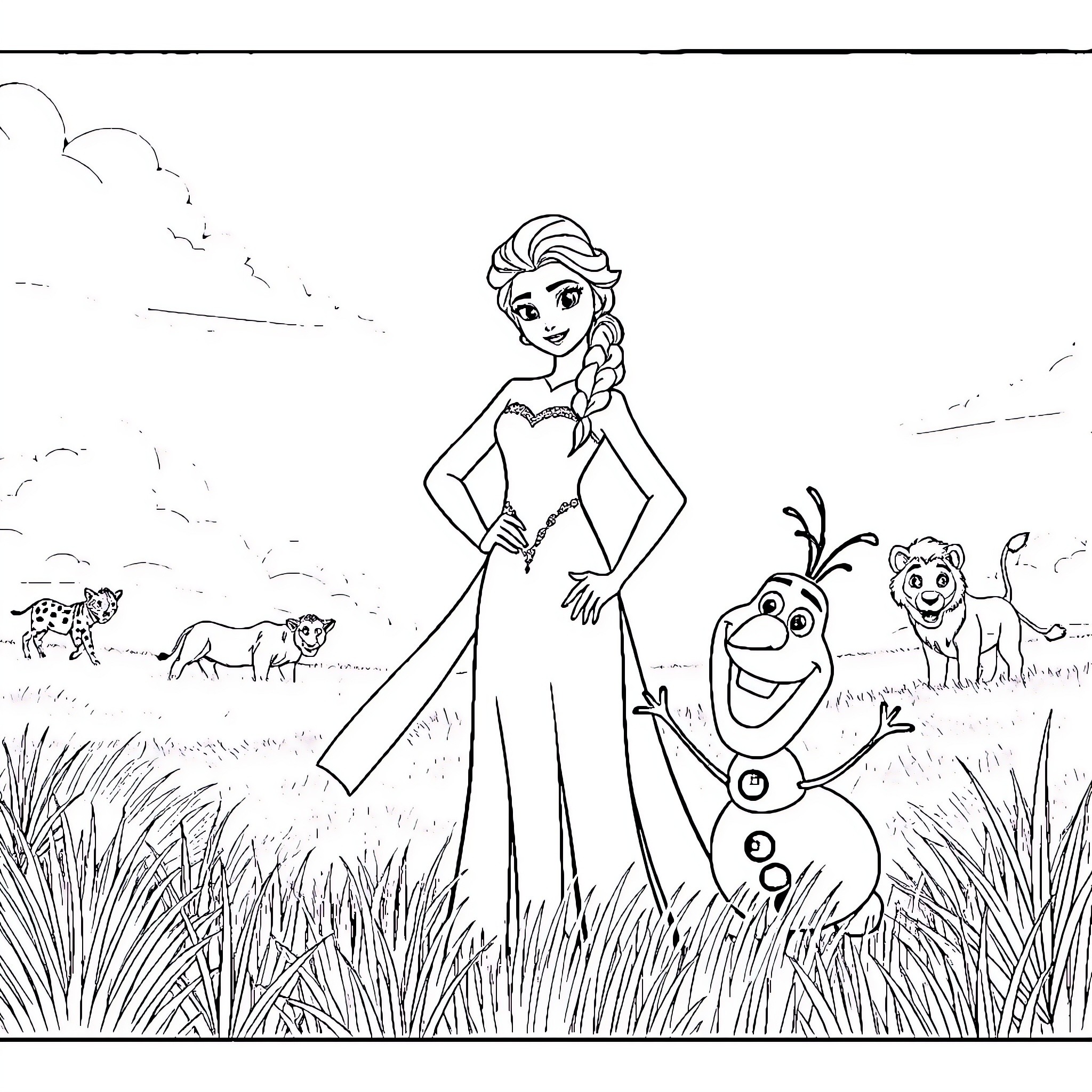 Elsa and Olaf enjoying a scenic outdoor adventure Coloring Page (free black-and-white line drawing printable PDF for all, from beginners to advanced learners, including children, teens, adults, and seniors)