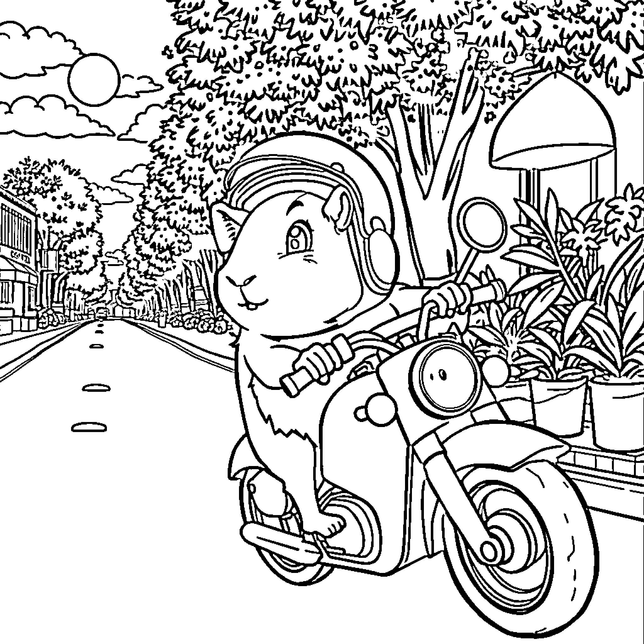 Guinea Pig Riding Scooter in Enchanting Landscape Coloring Page (free black-and-white line drawing printable PDF for all, from beginners to advanced learners, including children, teens, adults, and seniors)