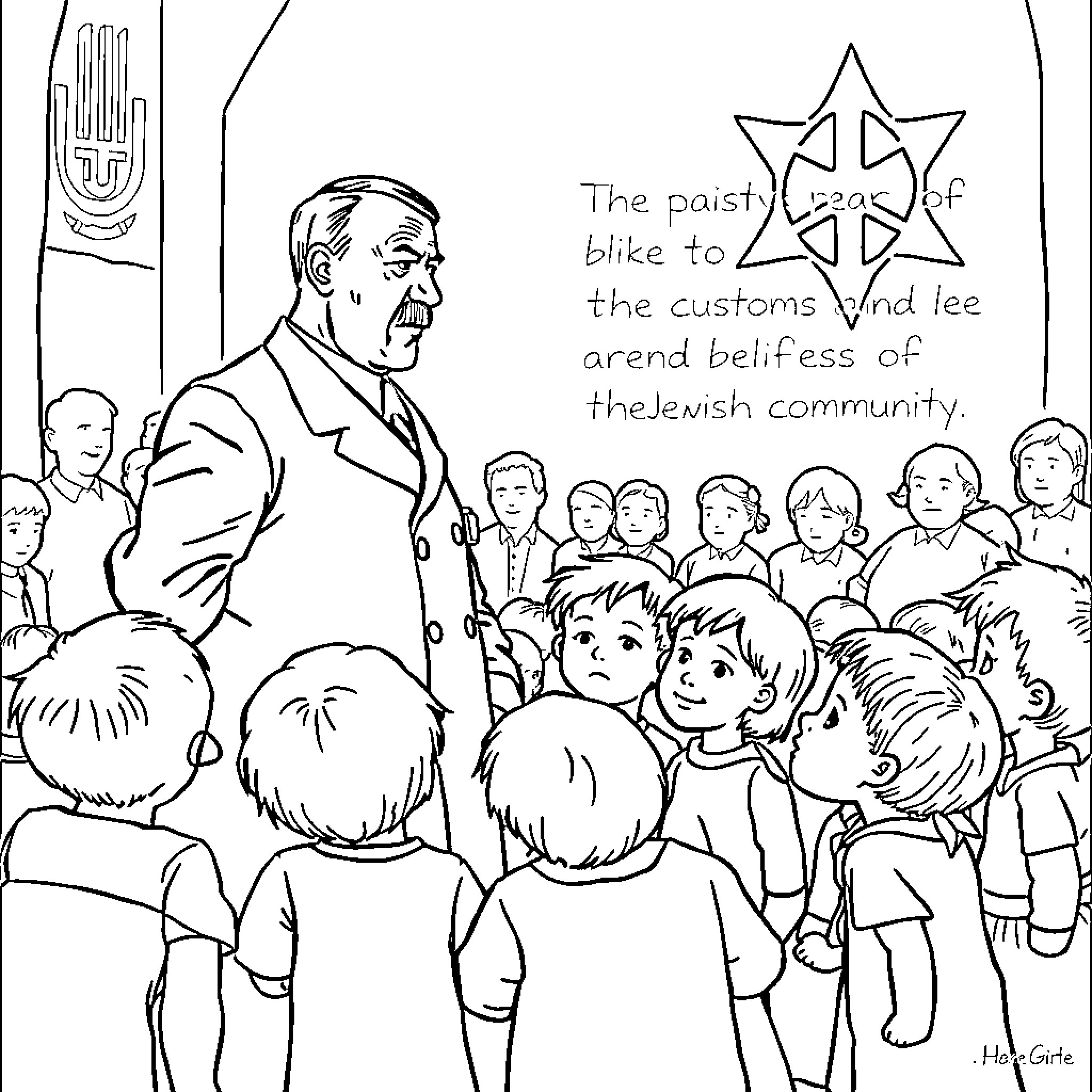 Adolf Hitler addressing a crowd of supporters Coloring Page (free black-and-white line drawing printable PDF for all, from beginners to advanced learners, including children, teens, adults, and seniors)