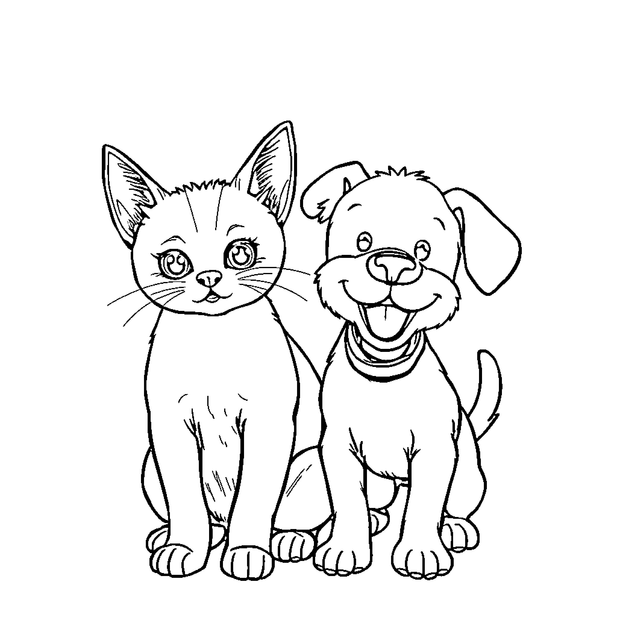 Cat and Dog posing together happily Coloring Page (free black-and-white line drawing printable PDF for all, from beginners to advanced learners, including children, teens, adults, and seniors)