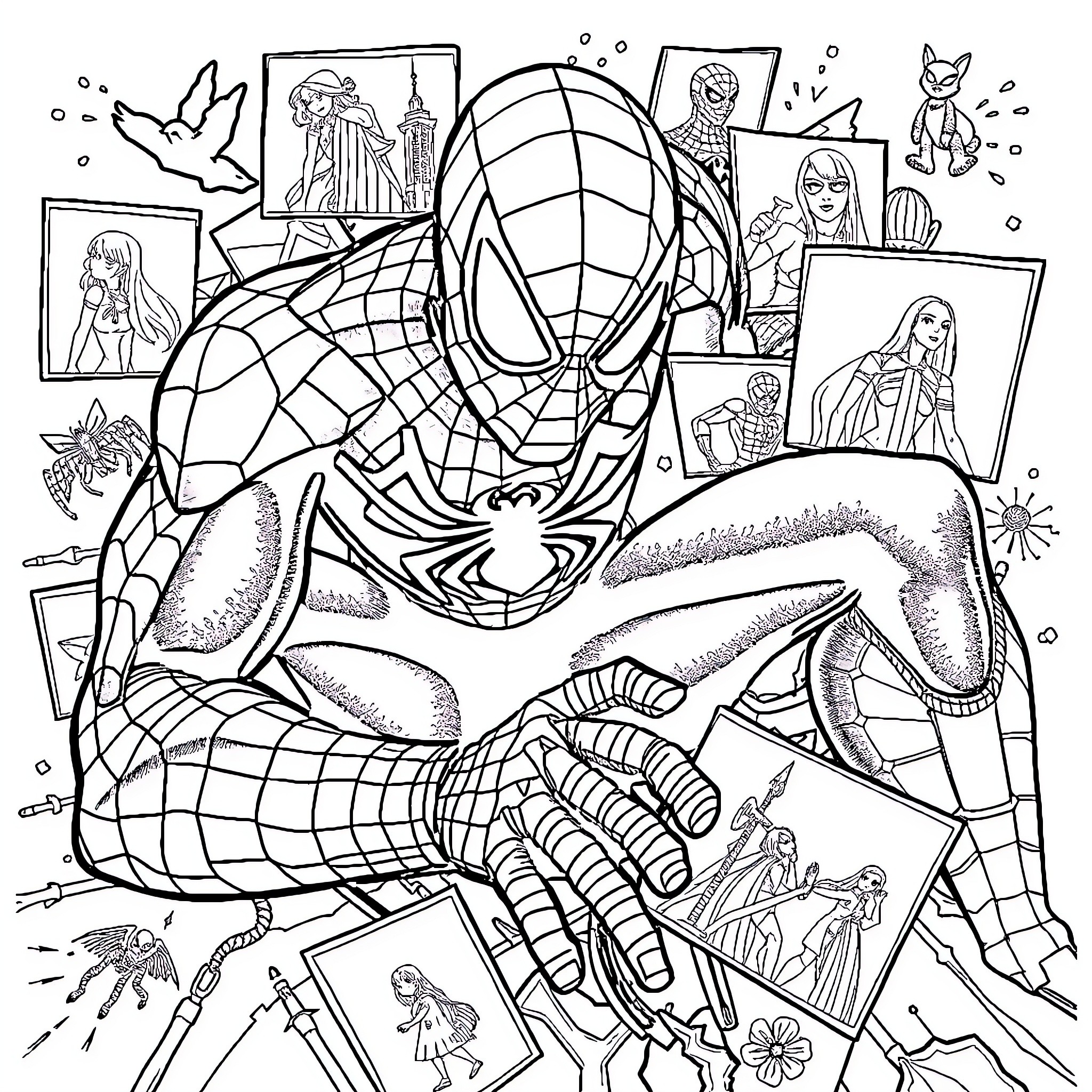 Spiderman exploring a whimsical, comic-inspired world Coloring Page (free black-and-white line drawing printable PDF for all, from beginners to advanced learners, including children, teens, adults, and seniors)