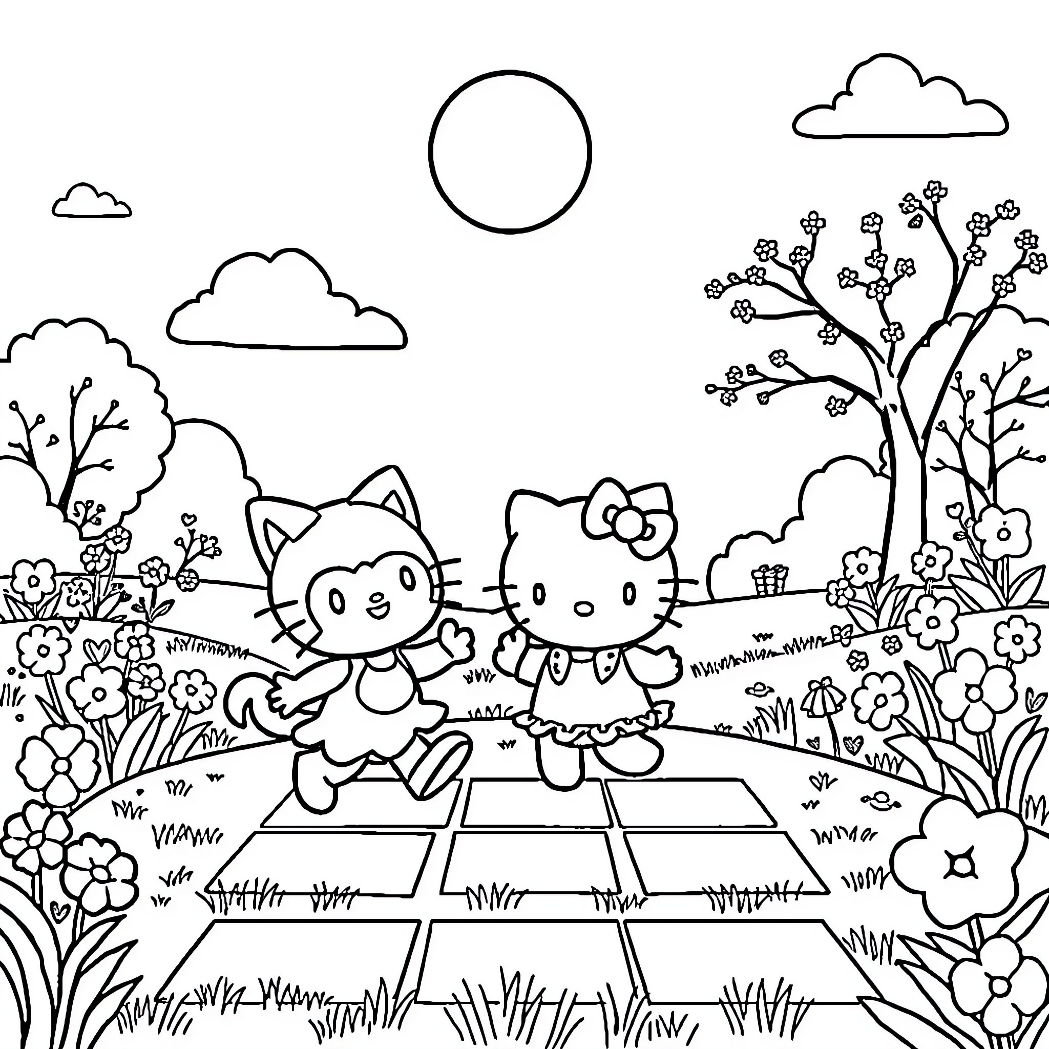 Aphmau and Hello Kitty playing in a whimsical garden Coloring Page (free black-and-white line drawing printable PDF for all, from beginners to advanced learners, including children, teens, adults, and seniors)