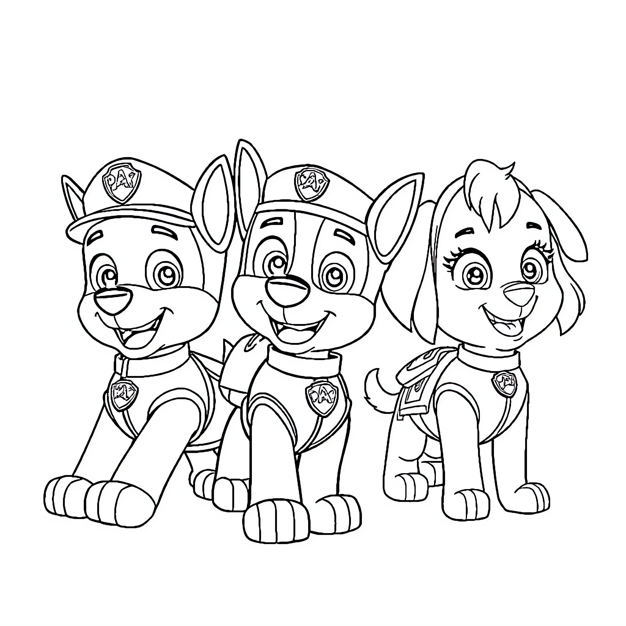 Paw Patrol Puppies in Uniform Posing Together Coloring Page (free black-and-white line drawing printable PDF for all, from beginners to advanced learners, including children, teens, adults, and seniors)