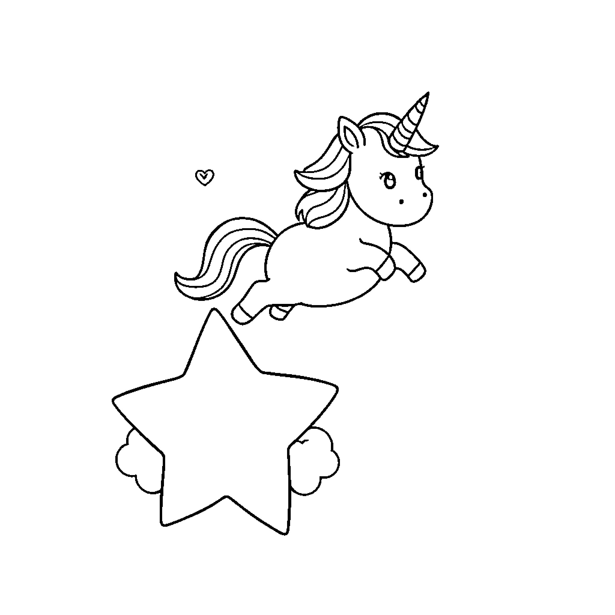 Unicorn jumping excitedly on a star Coloring Page (free black-and-white line drawing printable PDF for all, from beginners to advanced learners, including children, teens, adults, and seniors)