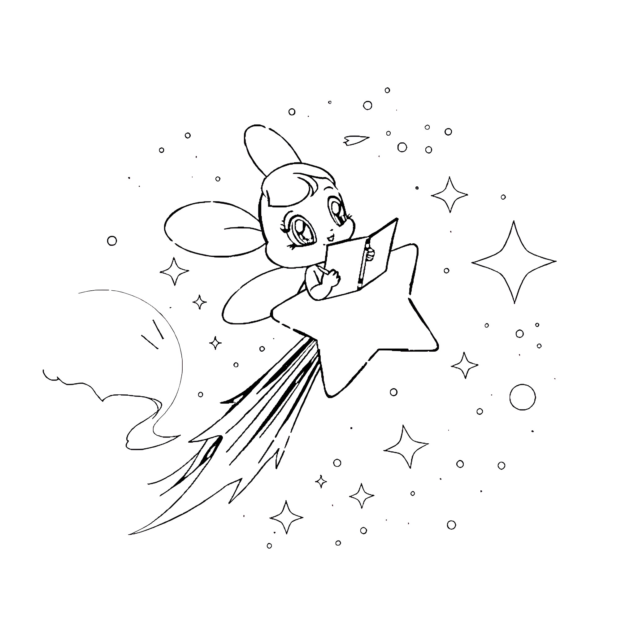 Bee soaring through a starry night sky Coloring Page (free black-and-white line drawing printable PDF for all, from beginners to advanced learners, including children, teens, adults, and seniors)