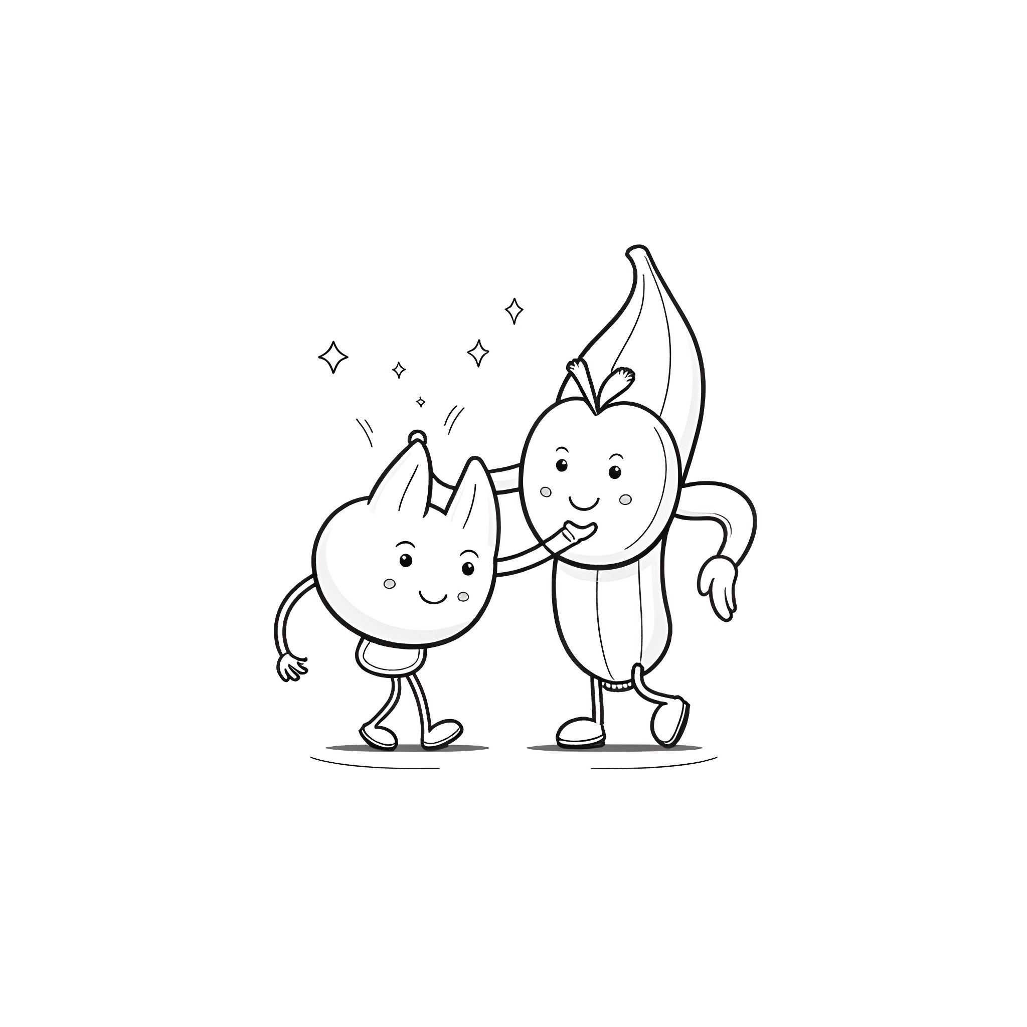 Apple friends having fun together Coloring Page (free black-and-white line drawing printable PDF for all, from beginners to advanced learners, including children, teens, adults, and seniors)