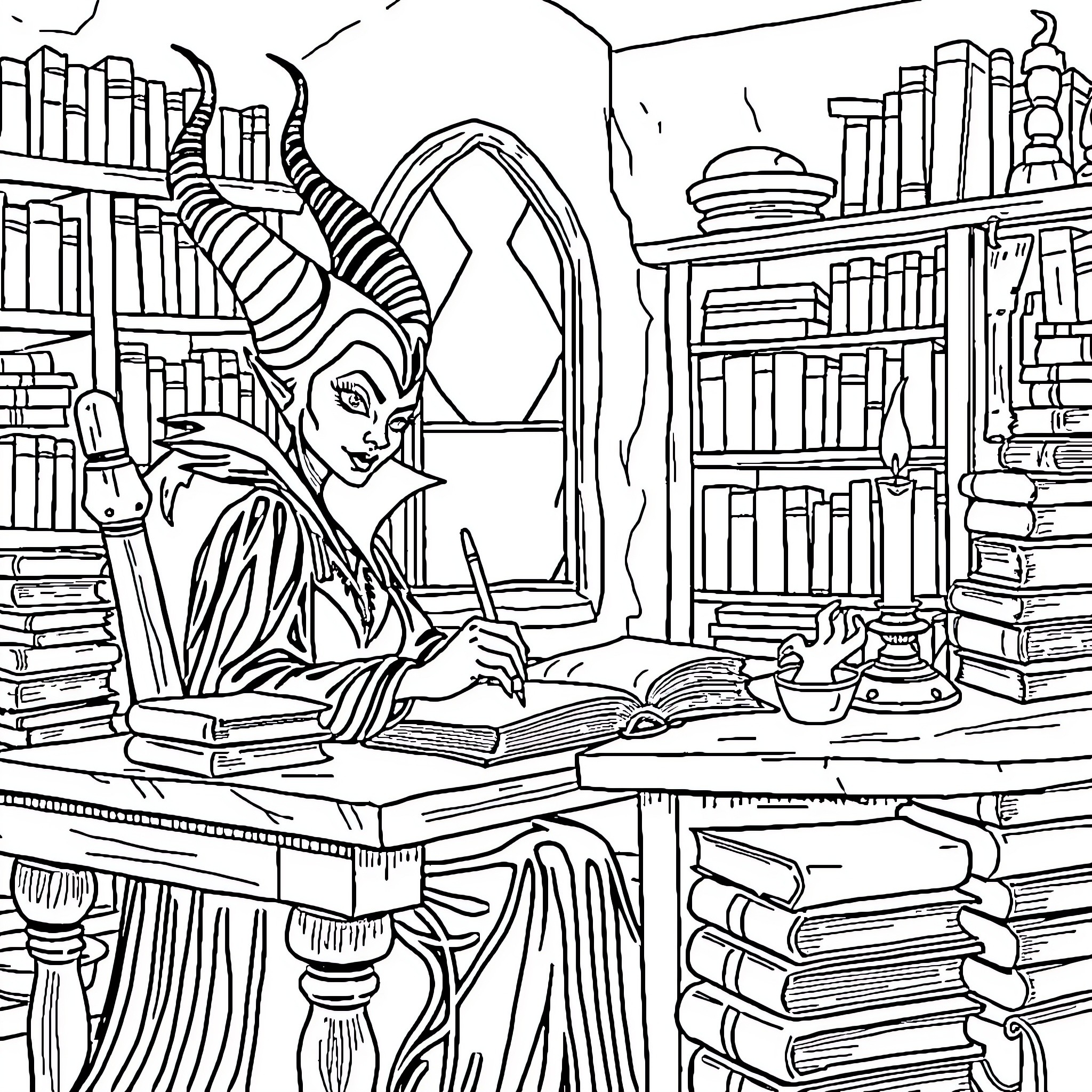 Maleficent's Magical Library Coloring Page (free black-and-white line drawing printable PDF for all, from beginners to advanced learners, including children, teens, adults, and seniors)