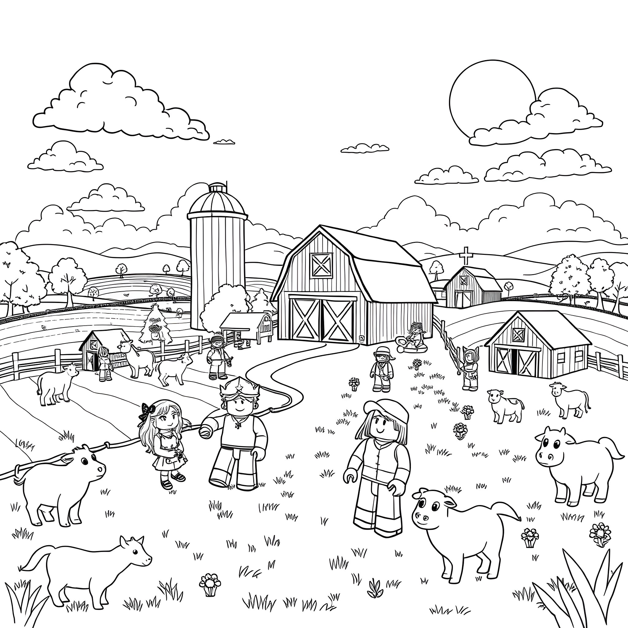 Roblox Character Exploring a Scenic Farmland Coloring Page (free black-and-white line drawing printable PDF for all, from beginners to advanced learners, including children, teens, adults, and seniors)