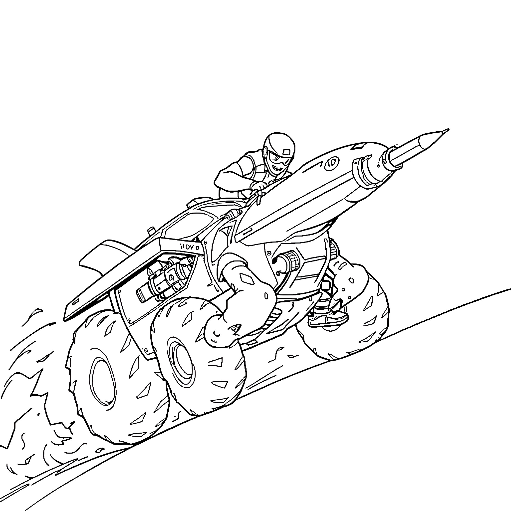 Chase through the rocky terrain on a futuristic vehicle Coloring Page (free black-and-white line drawing printable PDF for all, from beginners to advanced learners, including children, teens, adults, and seniors)