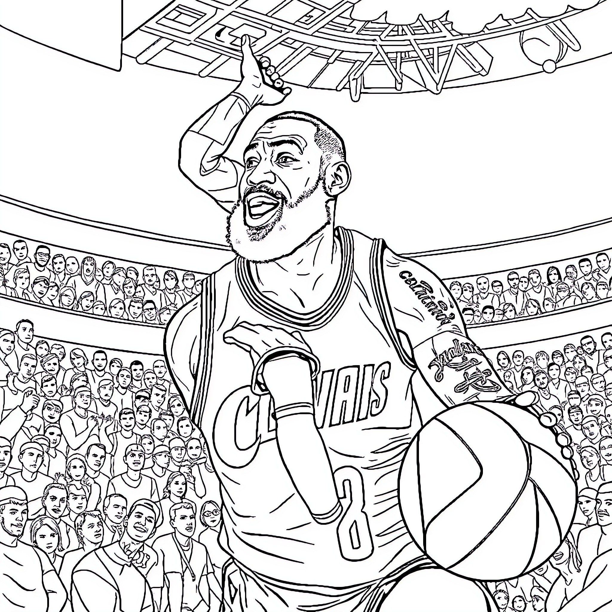 LeBron James Dunking Basketball at the Arena Coloring Page (free black-and-white line drawing printable PDF for all, from beginners to advanced learners, including children, teens, adults, and seniors)
