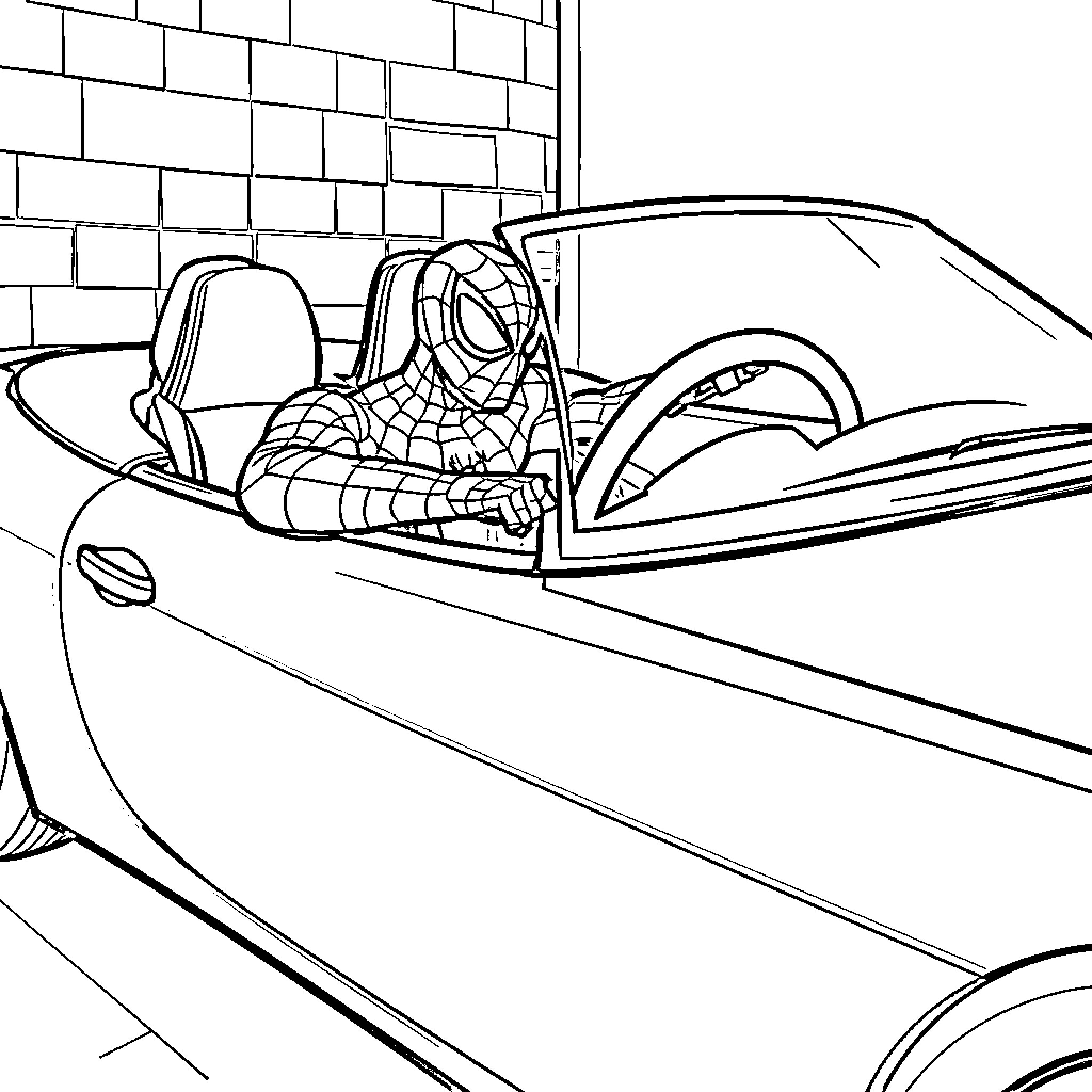 Spiderman driving a convertible sports car Coloring Page (free black-and-white line drawing printable PDF for all, from beginners to advanced learners, including children, teens, adults, and seniors)