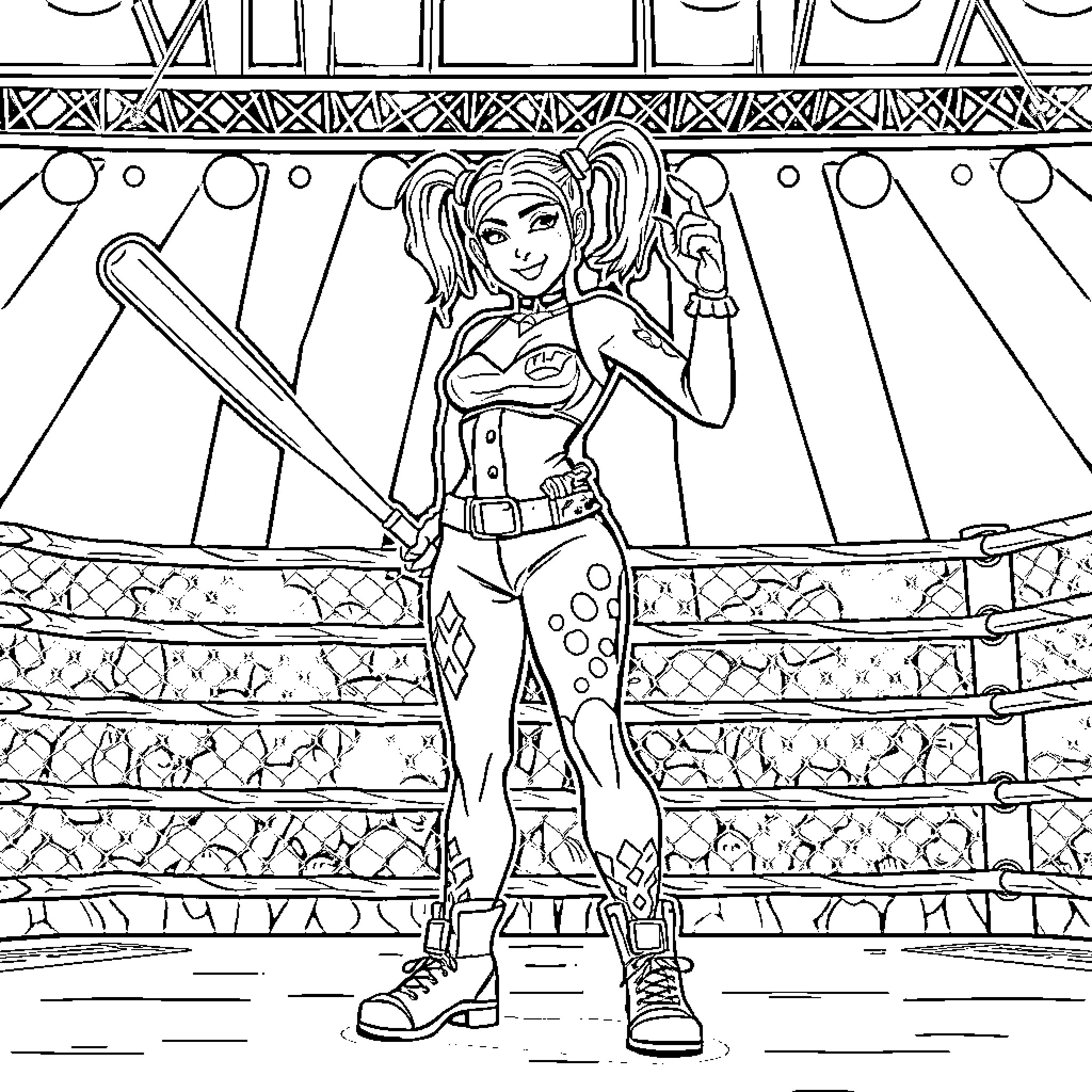 Harley Quinn's Theatrical Performance Coloring Page (free black-and-white line drawing printable PDF for all, from beginners to advanced learners, including children, teens, adults, and seniors)