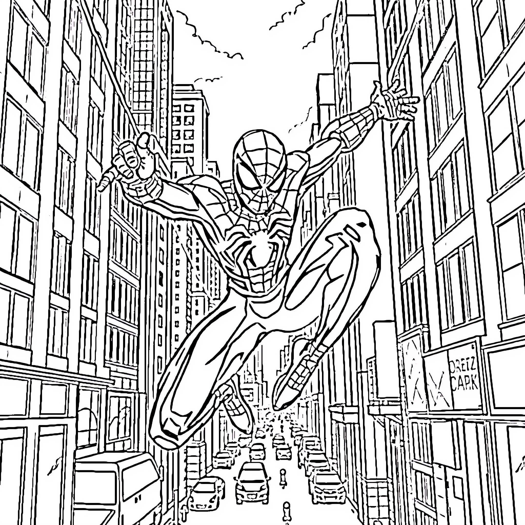 Spider-Man swinging through the city skyline Coloring Page (free black-and-white line drawing printable PDF for all, from beginners to advanced learners, including children, teens, adults, and seniors)