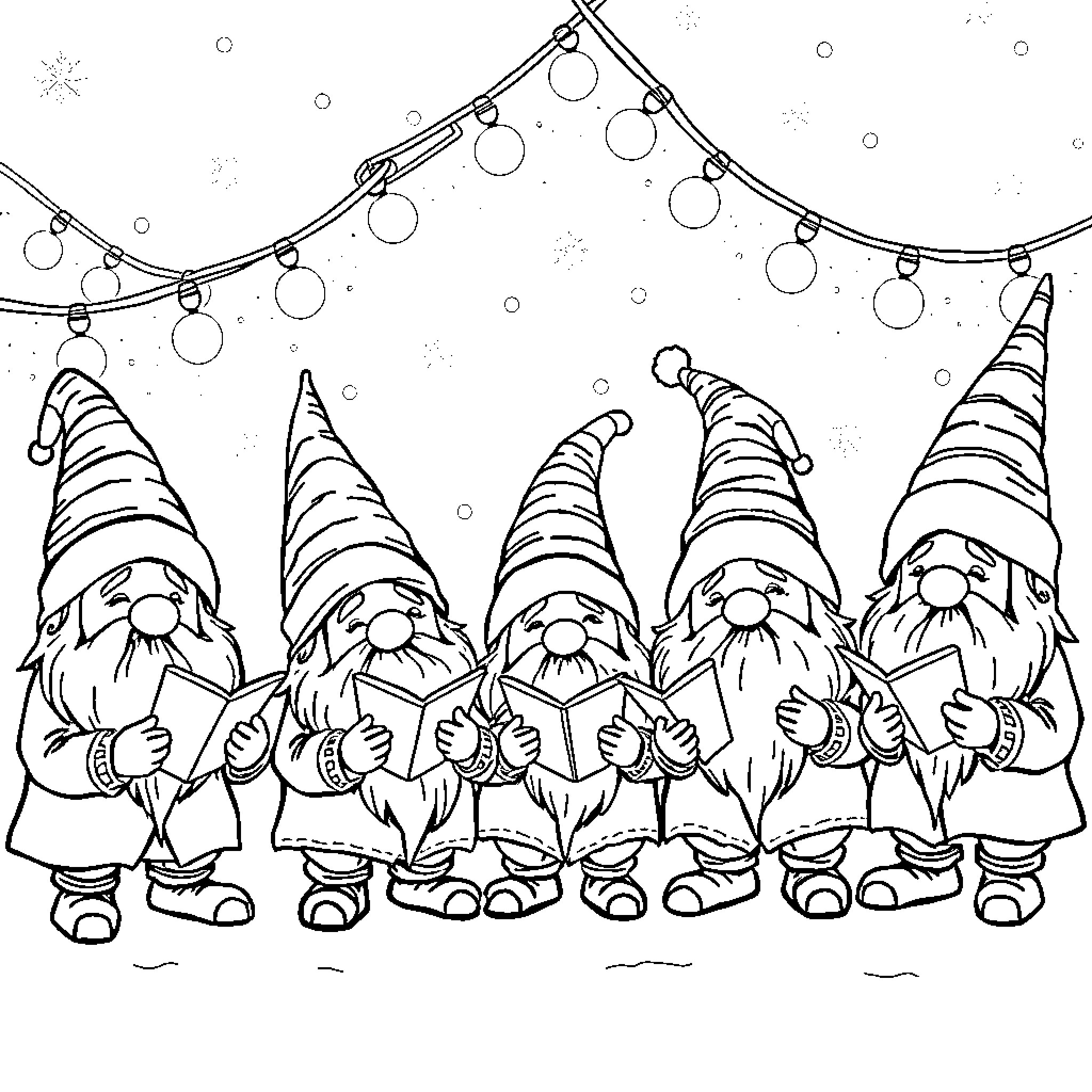 Gnomes Celebrating with Festive Decorations Coloring Page (free black-and-white line drawing printable PDF for all, from beginners to advanced learners, including children, teens, adults, and seniors)
