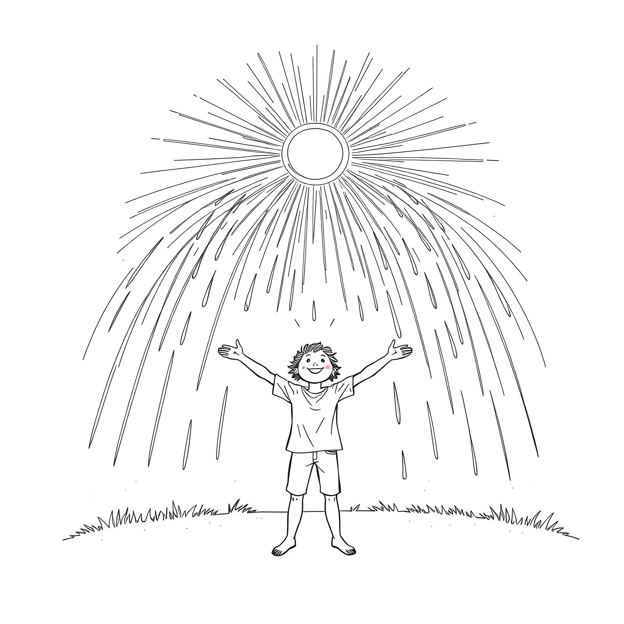 Rainbow Sun Shining Joyfully on a Child Coloring Page (free black-and-white line drawing printable PDF for all, from beginners to advanced learners, including children, teens, adults, and seniors)