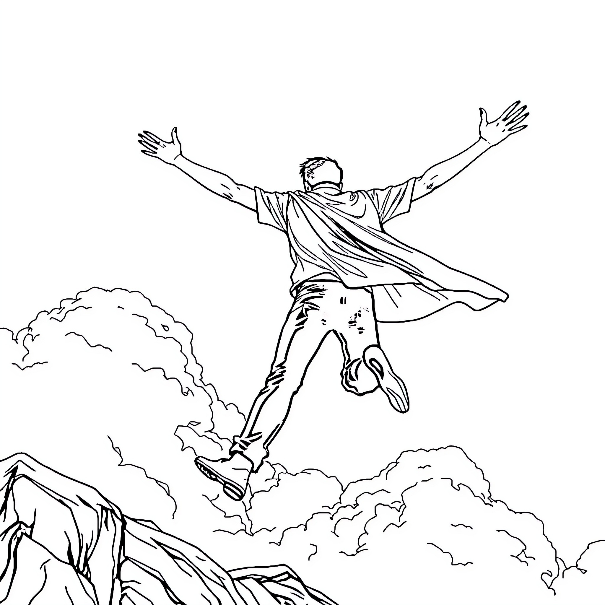Person jumping joyfully in the clouds Coloring Page (free black-and-white line drawing printable PDF for all, from beginners to advanced learners, including children, teens, adults, and seniors)