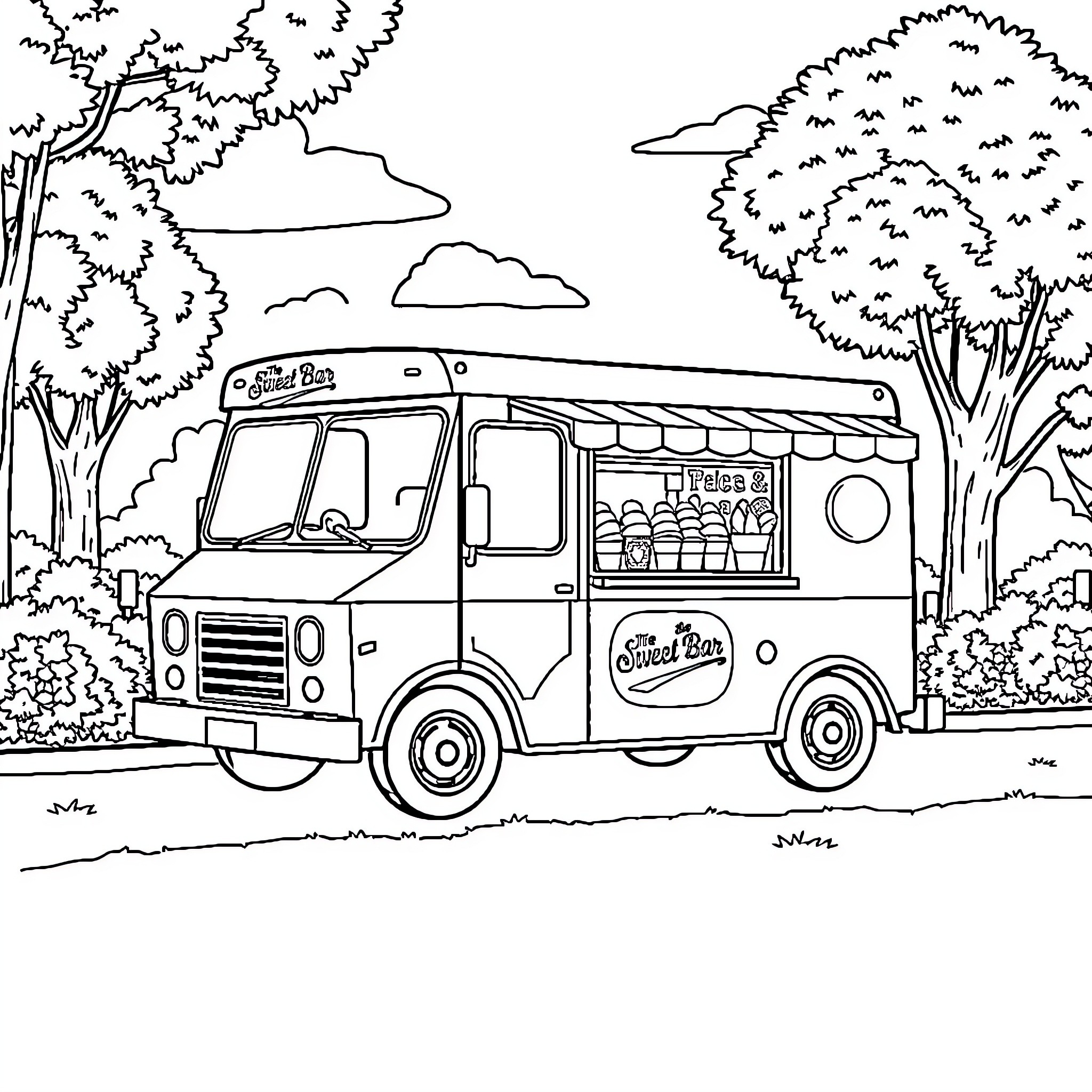Ice Cream Truck in a Scenic Park Setting Coloring Page (free black-and-white line drawing printable PDF for all, from beginners to advanced learners, including children, teens, adults, and seniors)