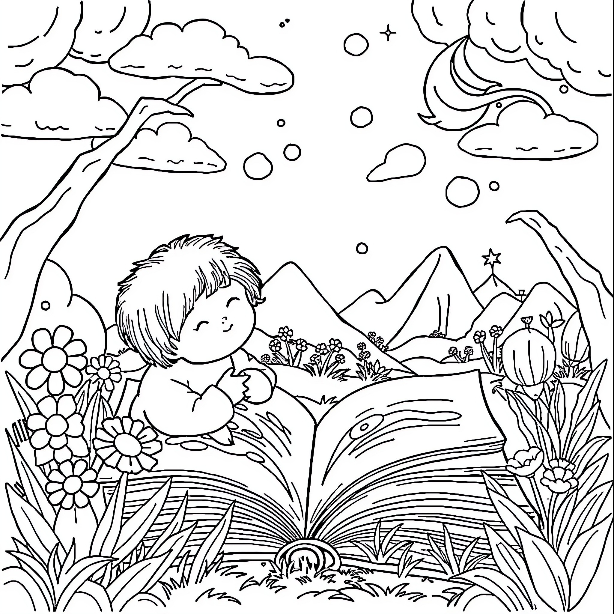 Book of nature's wonders in the mountains Coloring Page (free black-and-white line drawing printable PDF for all, from beginners to advanced learners, including children, teens, adults, and seniors)
