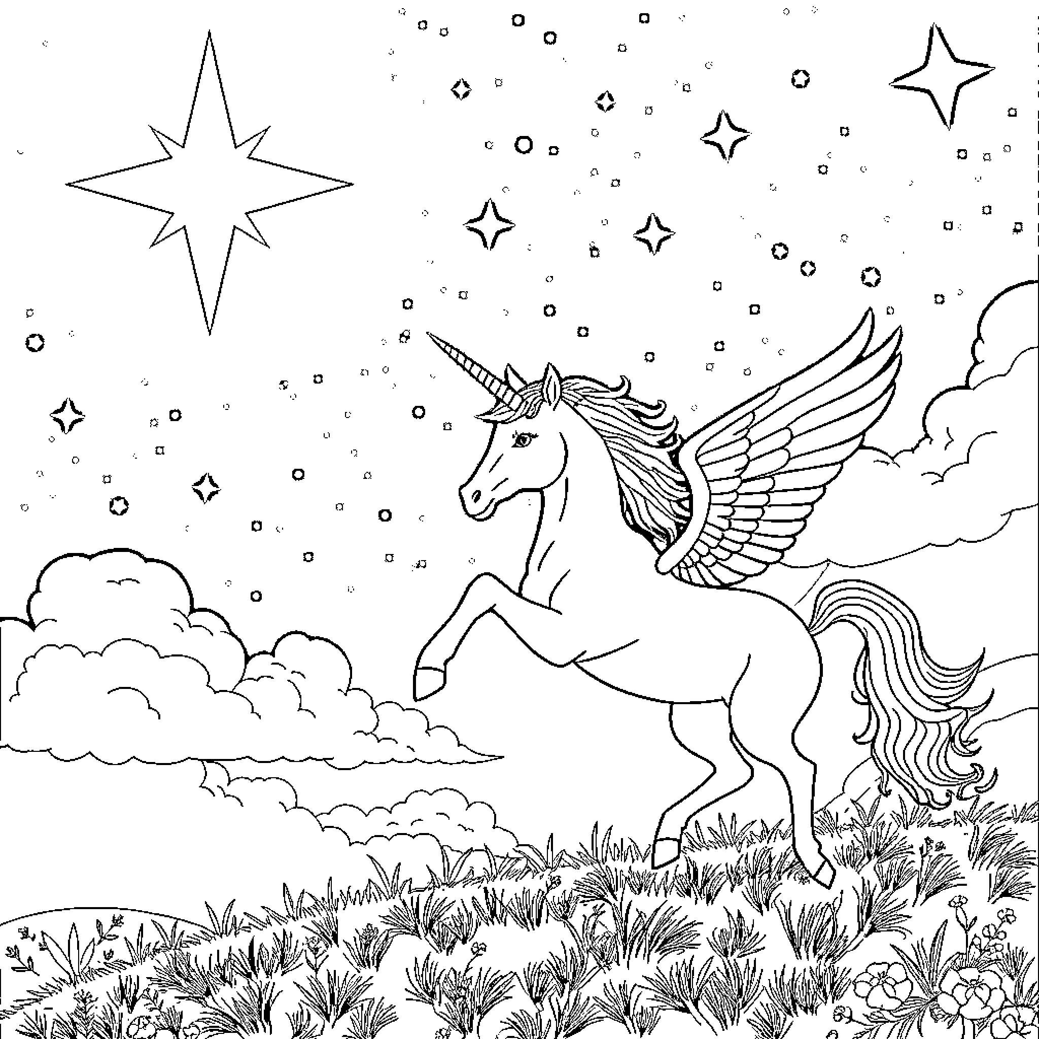 Unicorn soaring through the starry night sky Coloring Page (free black-and-white line drawing printable PDF for all, from beginners to advanced learners, including children, teens, adults, and seniors)