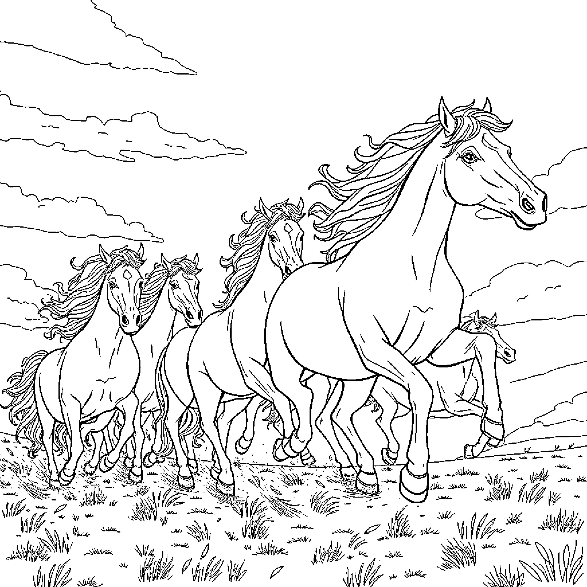 Horse herd galloping through the open field Coloring Page (free black-and-white line drawing printable PDF for all, from beginners to advanced learners, including children, teens, adults, and seniors)
