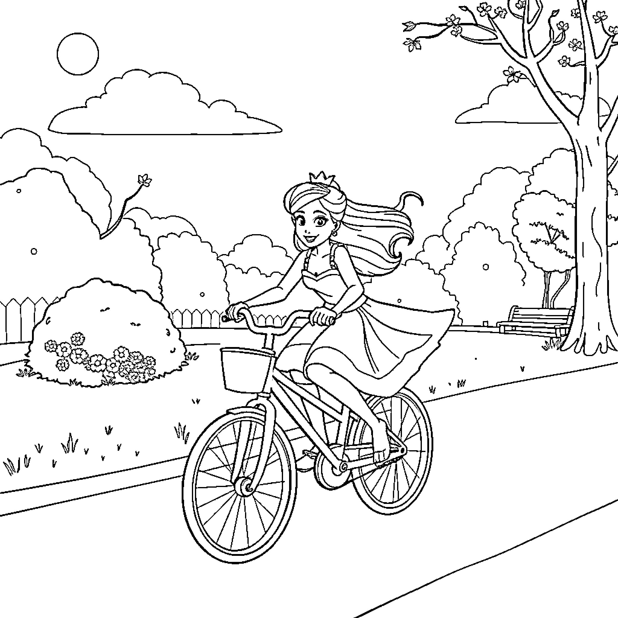 Princess Exploring Nature on a Bicycle Coloring Page (free black-and-white line drawing printable PDF for all, from beginners to advanced learners, including children, teens, adults, and seniors)