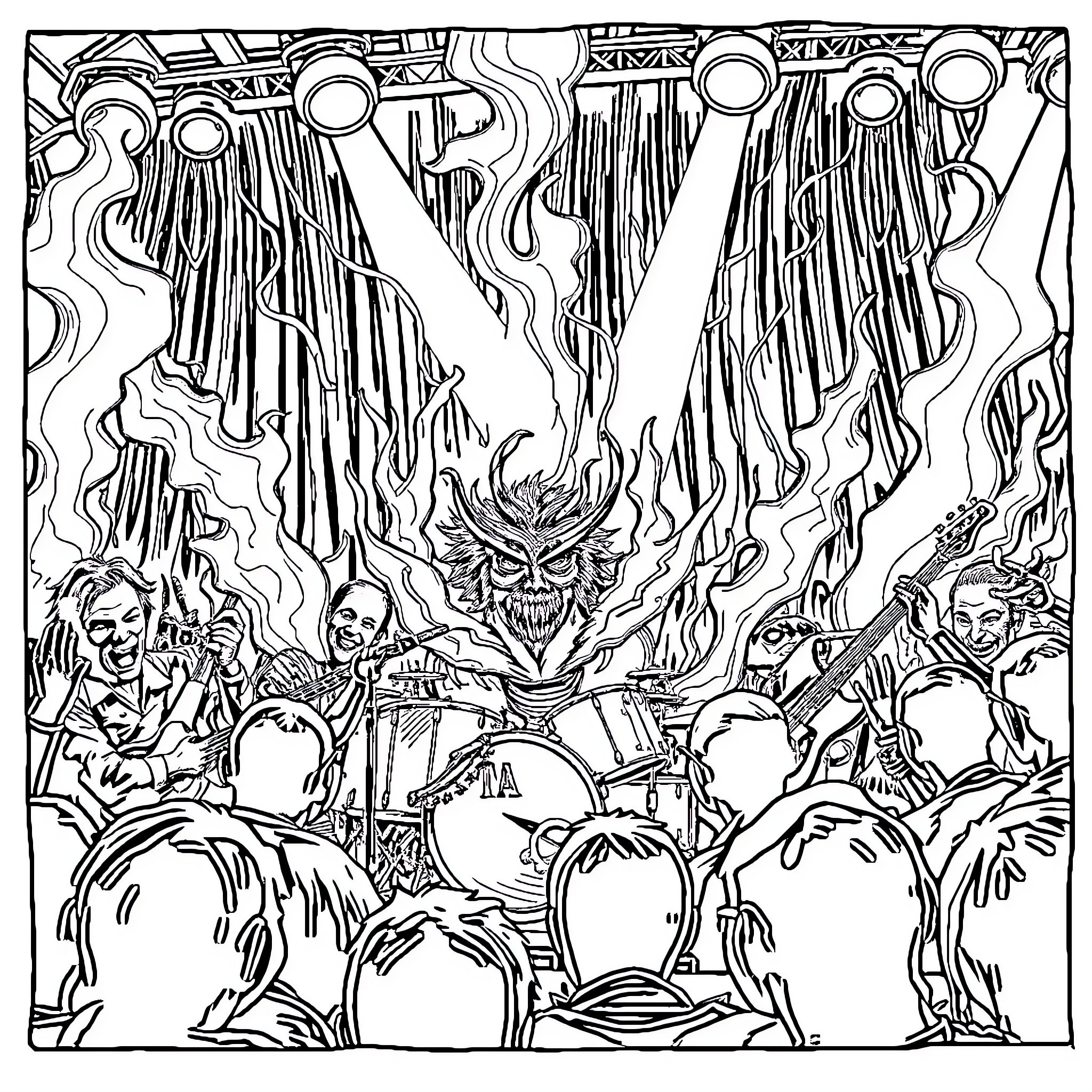 Band performing on stage with intense expressions Coloring Page (free black-and-white line drawing printable PDF for all, from beginners to advanced learners, including children, teens, adults, and seniors)