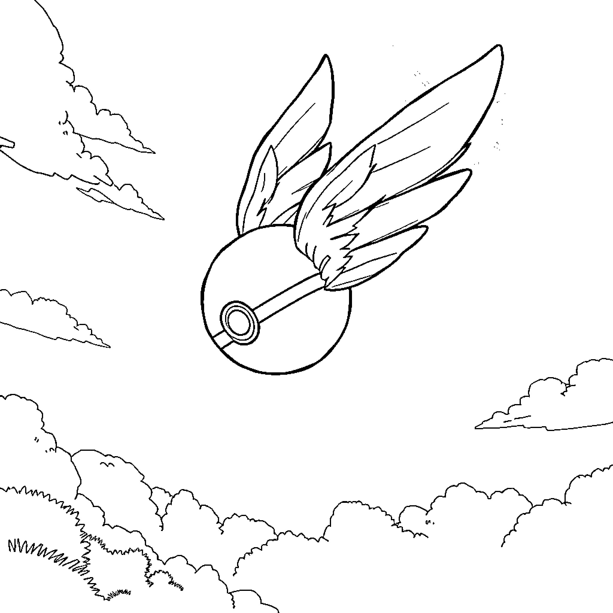 Pokeball with wings soaring through the sky Coloring Page (free black-and-white line drawing printable PDF for all, from beginners to advanced learners, including children, teens, adults, and seniors)