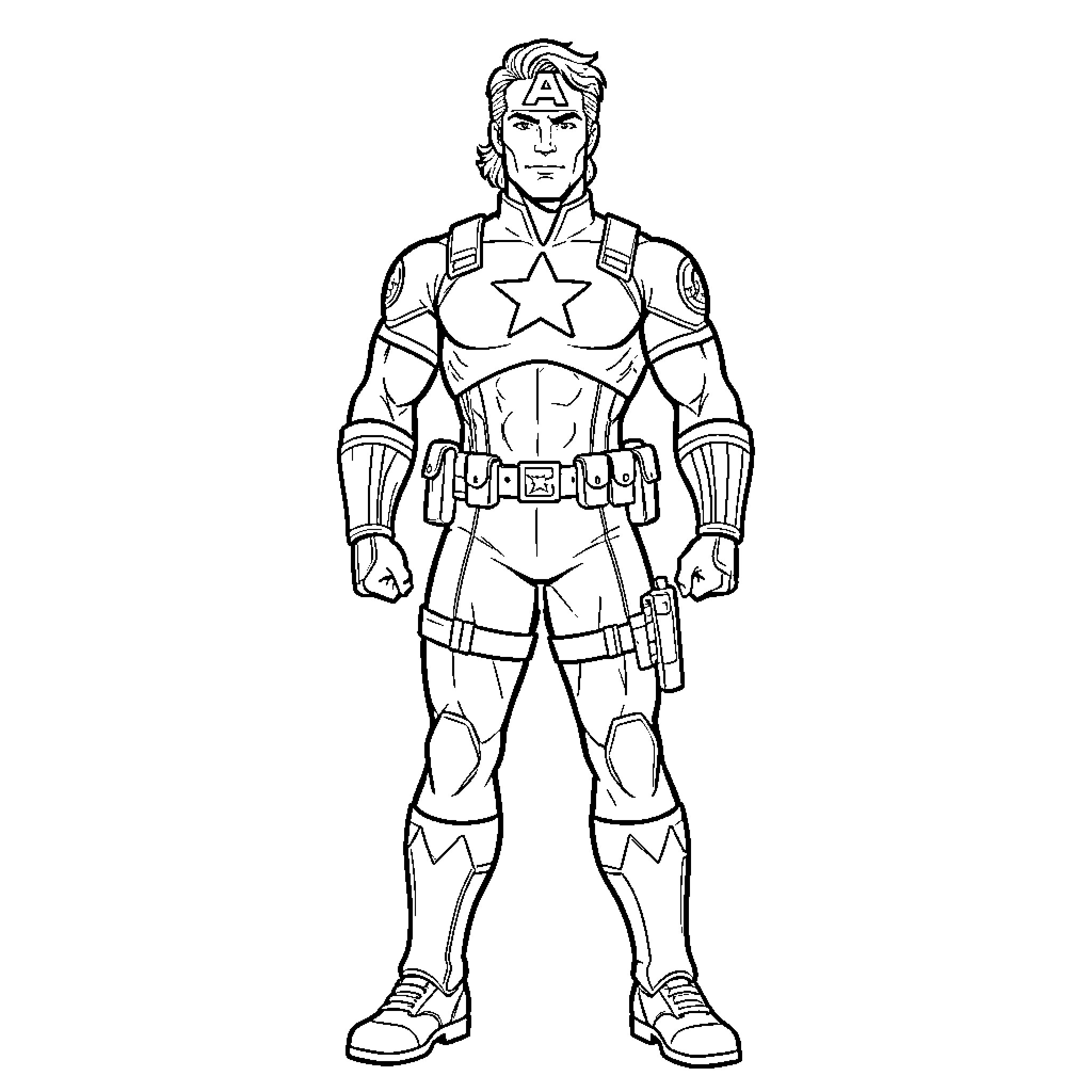 Captain America standing in a heroic combat pose Coloring Page (free black-and-white line drawing printable PDF for all, from beginners to advanced learners, including children, teens, adults, and seniors)