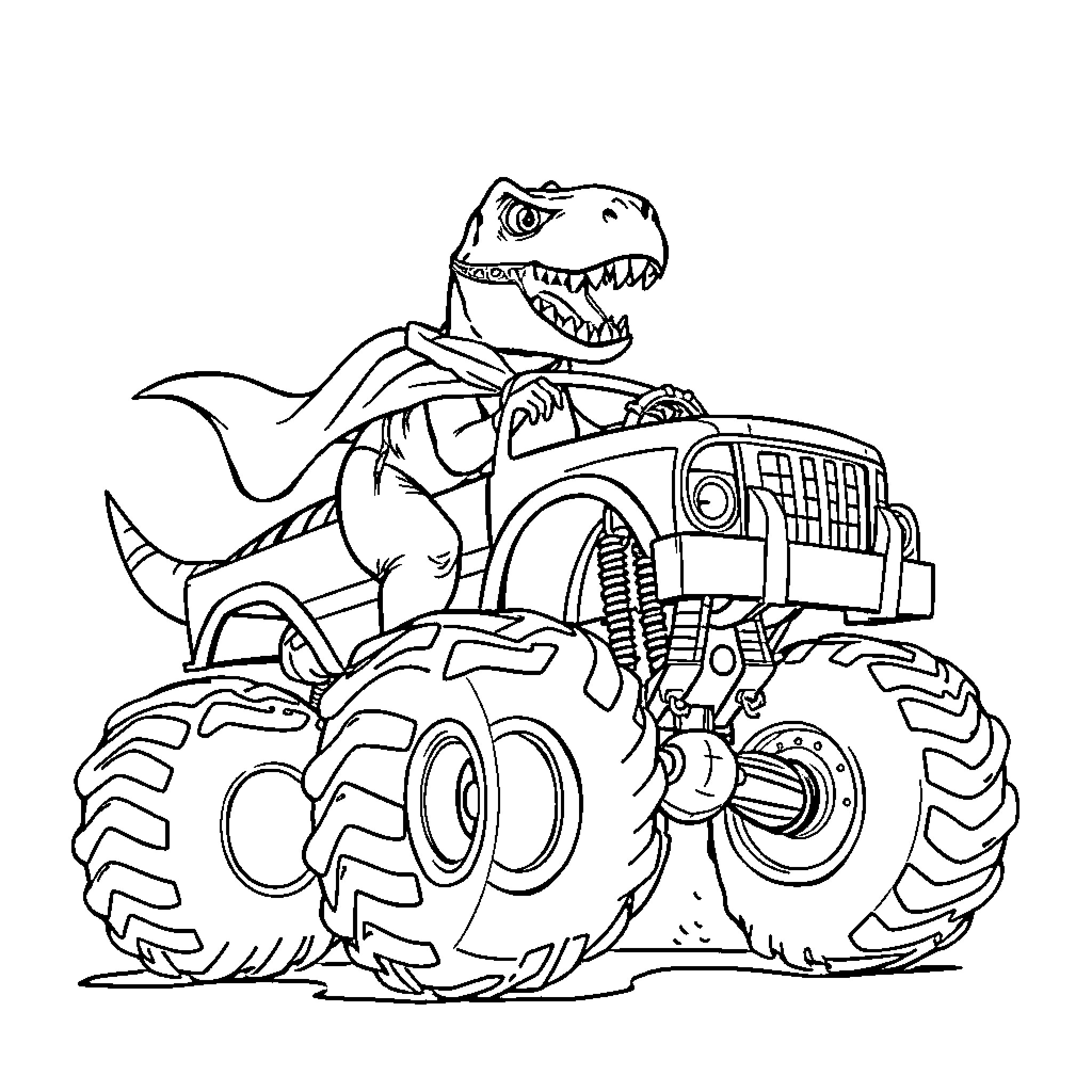 T-Rex driving monster truck in action Coloring Page (free black-and-white line drawing printable PDF for all, from beginners to advanced learners, including children, teens, adults, and seniors)