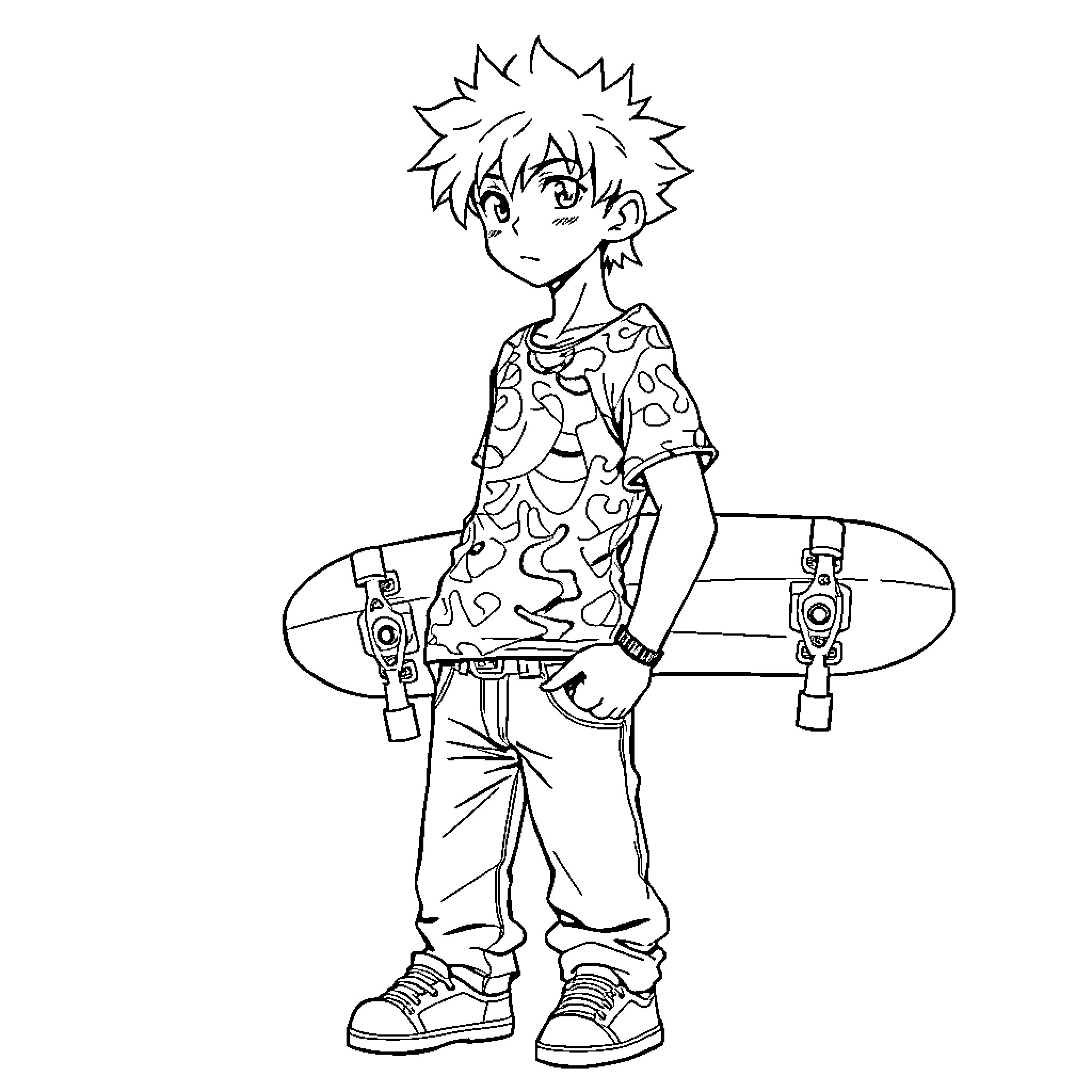Anime Boy with Skateboards and Casual Outfit Coloring Page (free black-and-white line drawing printable PDF for all, from beginners to advanced learners, including children, teens, adults, and seniors)