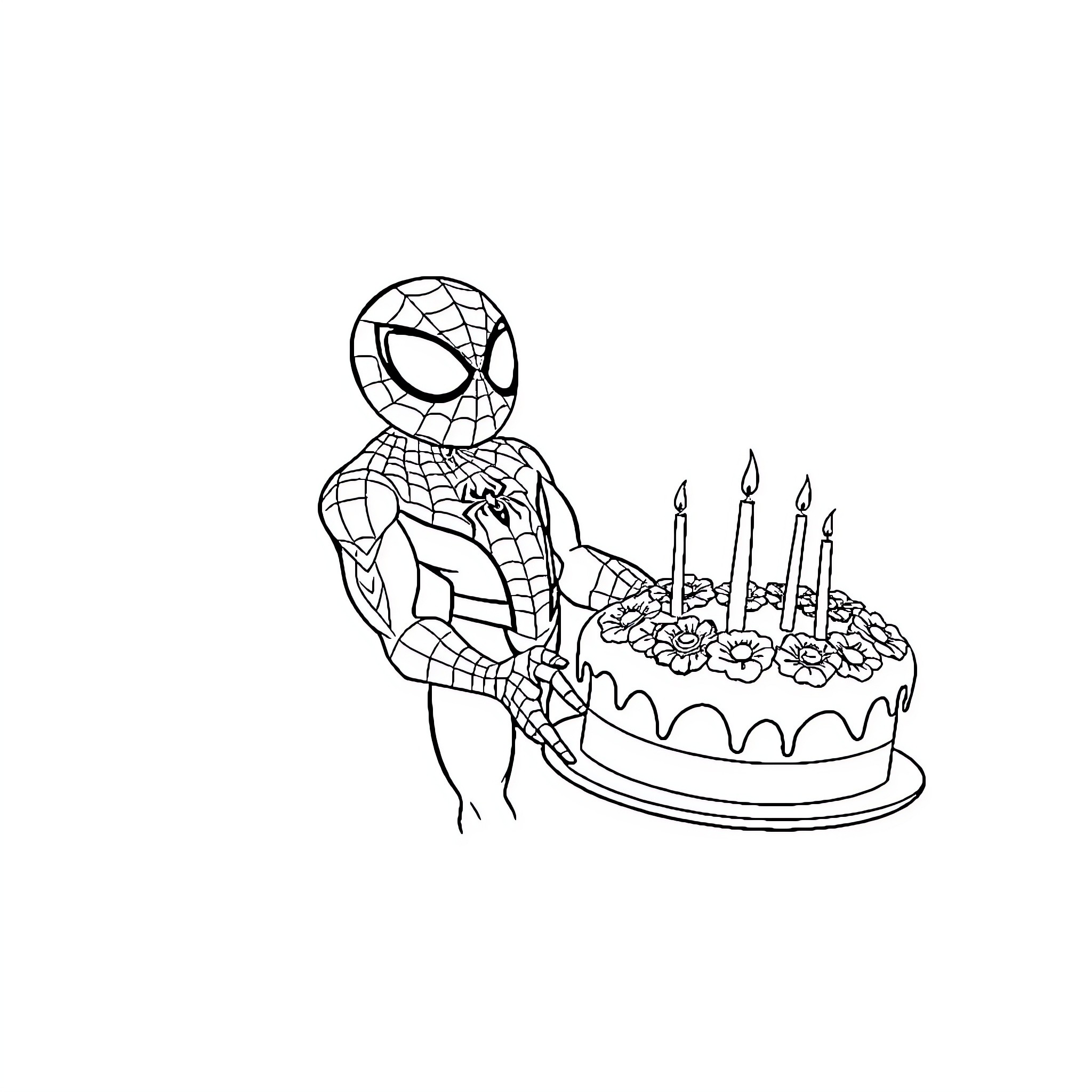 Spiderman celebrating birthday with cake and candles Coloring Page (free black-and-white line drawing printable PDF for all, from beginners to advanced learners, including children, teens, adults, and seniors)