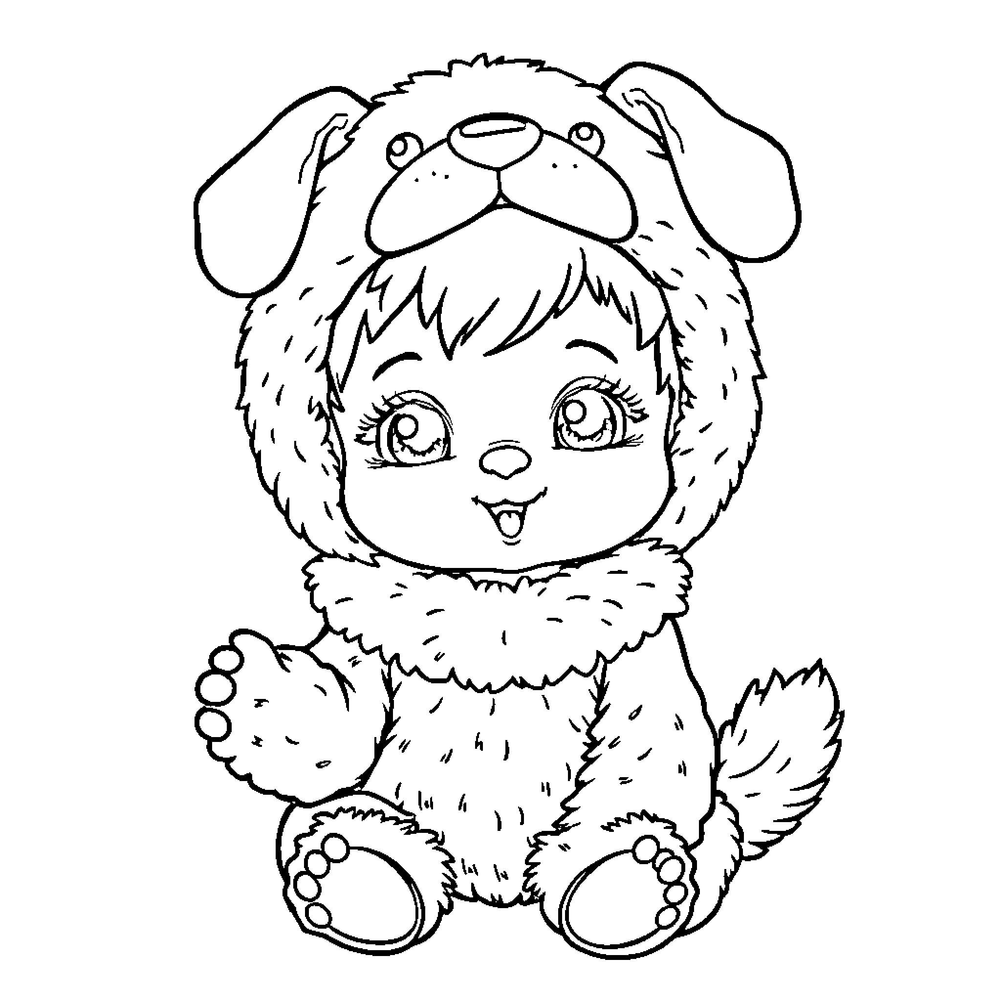 Baby Puppy Plush Toy with Cute Expression Coloring Page (free black-and-white line drawing printable PDF for all, from beginners to advanced learners, including children, teens, adults, and seniors)