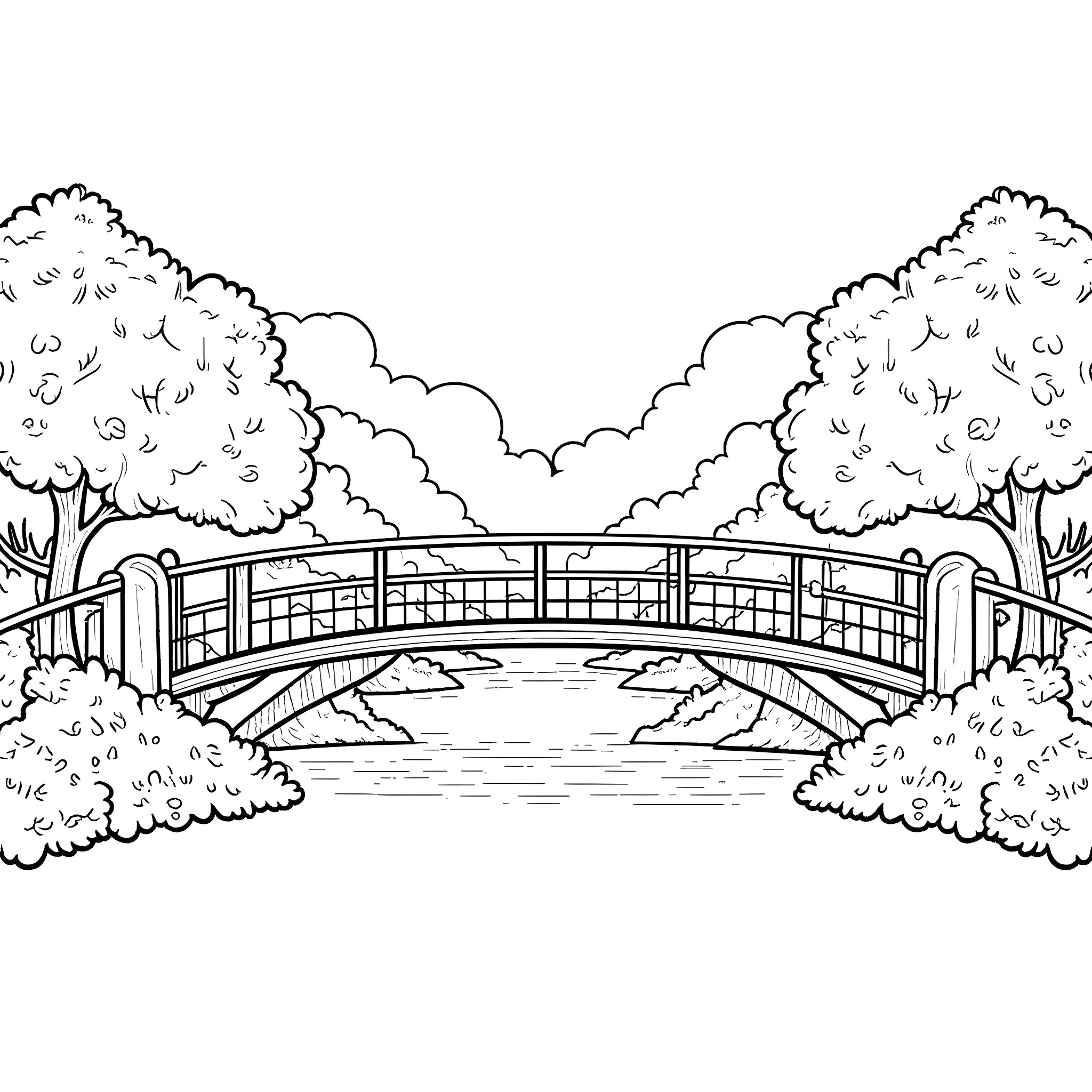 Linkin Park Bridge Over Tranquil Pond Coloring Page (free black-and-white line drawing printable PDF for all, from beginners to advanced learners, including children, teens, adults, and seniors)