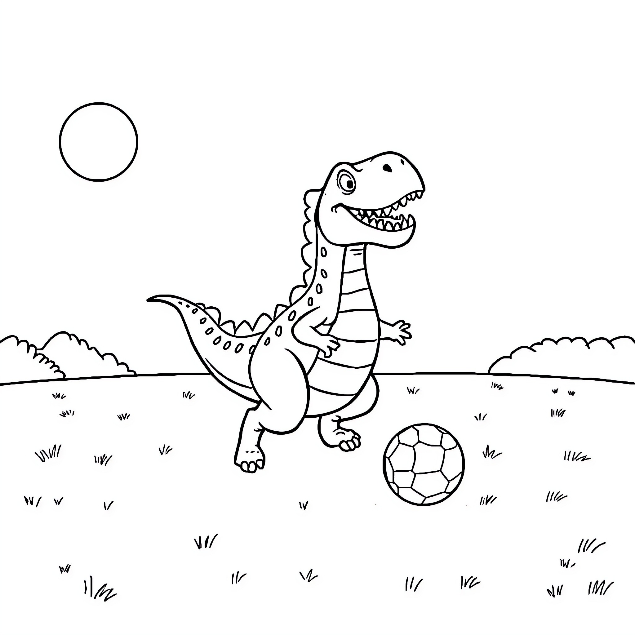 Dino playing with soccer ball in field Coloring Page (free black-and-white line drawing printable PDF for all, from beginners to advanced learners, including children, teens, adults, and seniors)
