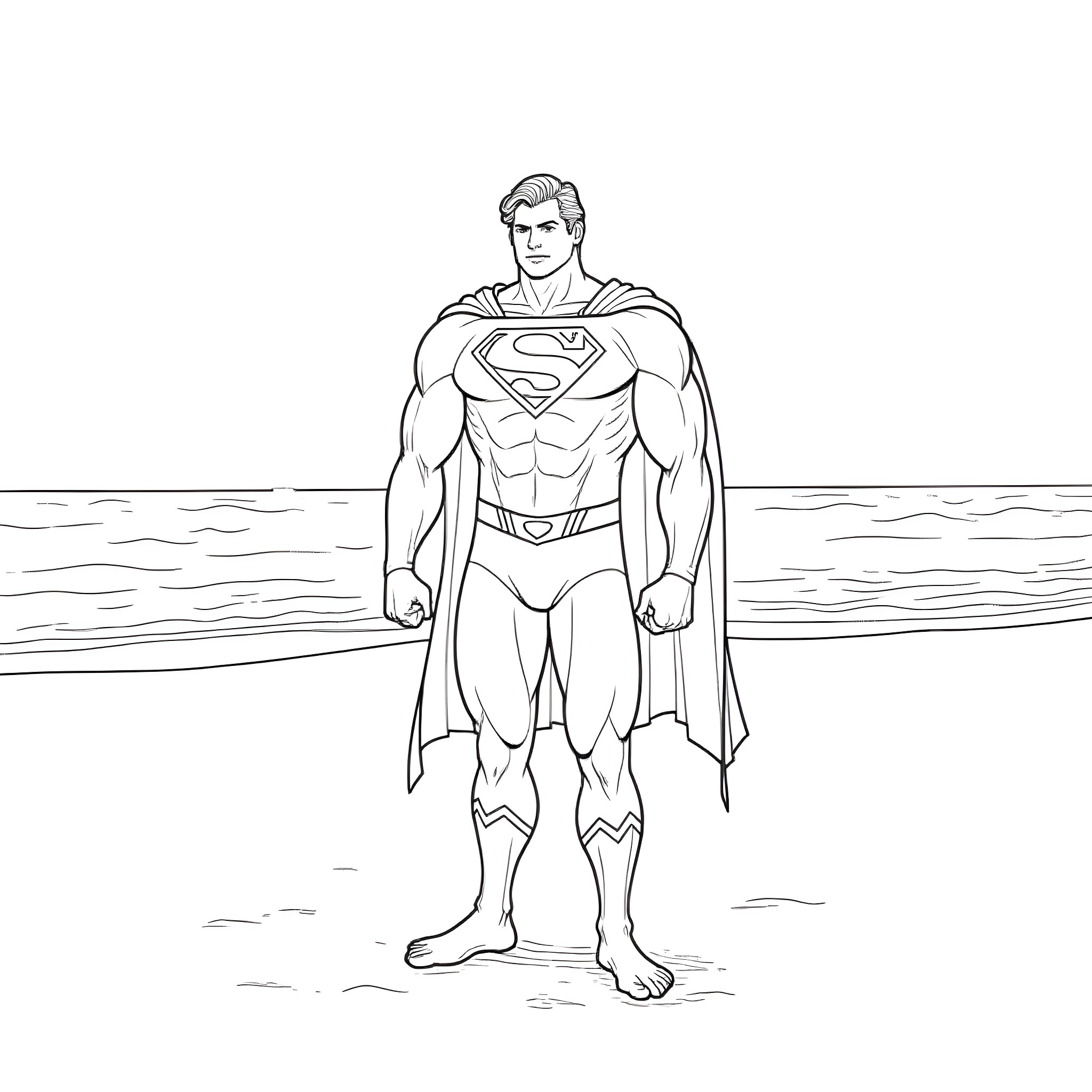 Superman standing heroically on the beach Coloring Page (free black-and-white line drawing printable PDF for all, from beginners to advanced learners, including children, teens, adults, and seniors)