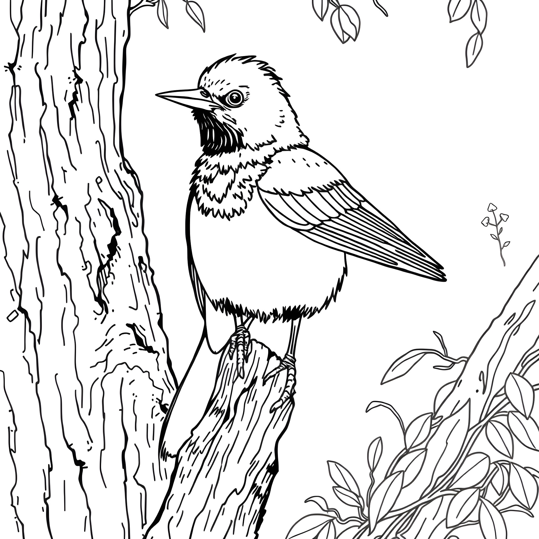 Dacnis bird perched on tree branch with foliage Coloring Page (free black-and-white line drawing printable PDF for all, from beginners to advanced learners, including children, teens, adults, and seniors)