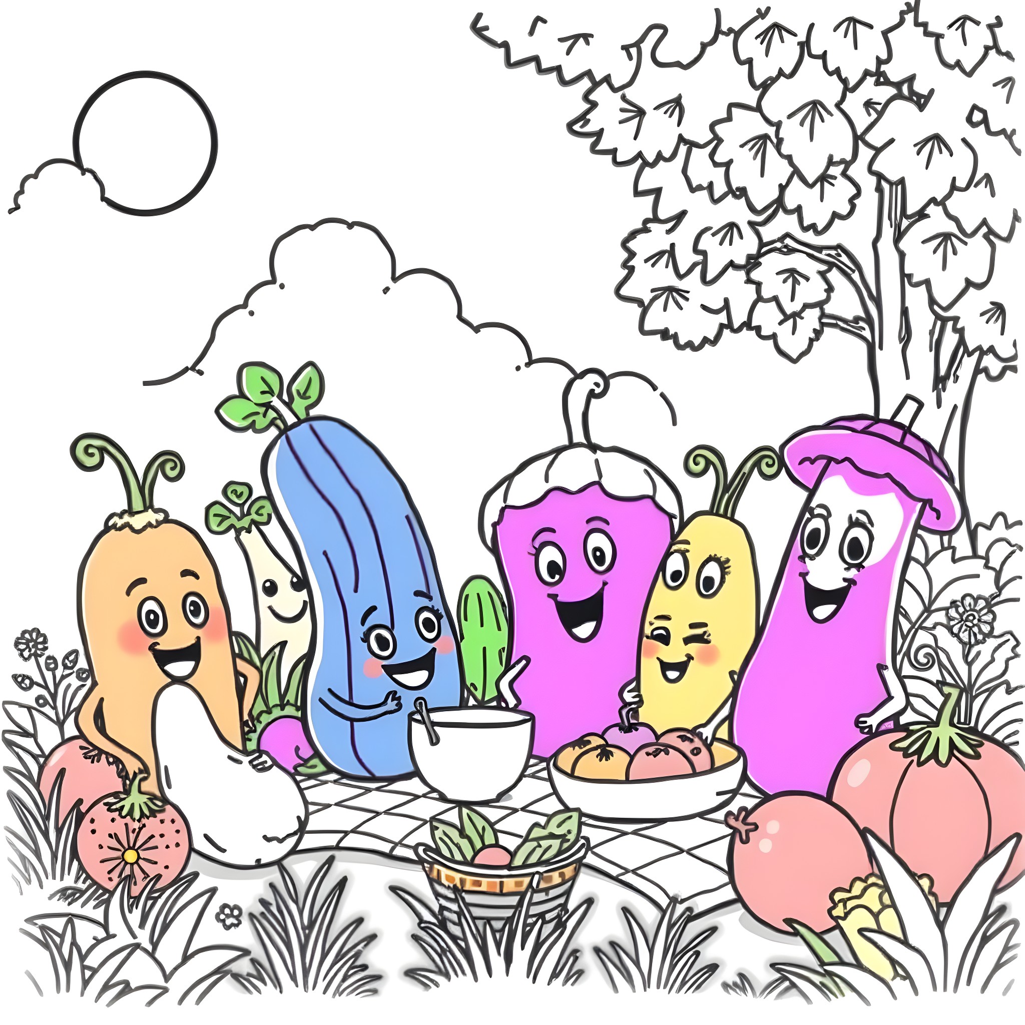Veggie Tales: Animated Veggies Enjoying a Picnic in the Park Coloring Page (free black-and-white line drawing printable PDF for all, from beginners to advanced learners, including children, teens, adults, and seniors)