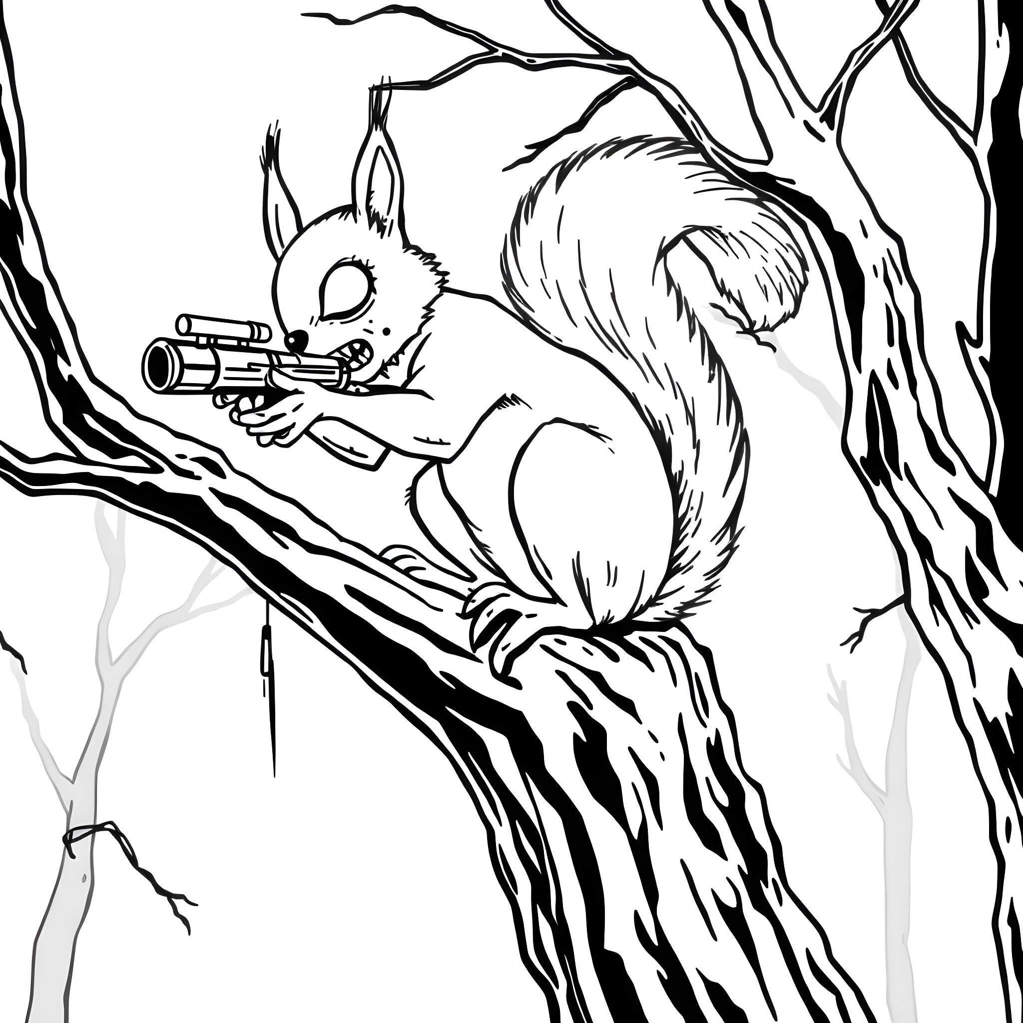Zombie Squirrel wielding a gun in the forest Coloring Page (free black-and-white line drawing printable PDF for all, from beginners to advanced learners, including children, teens, adults, and seniors)