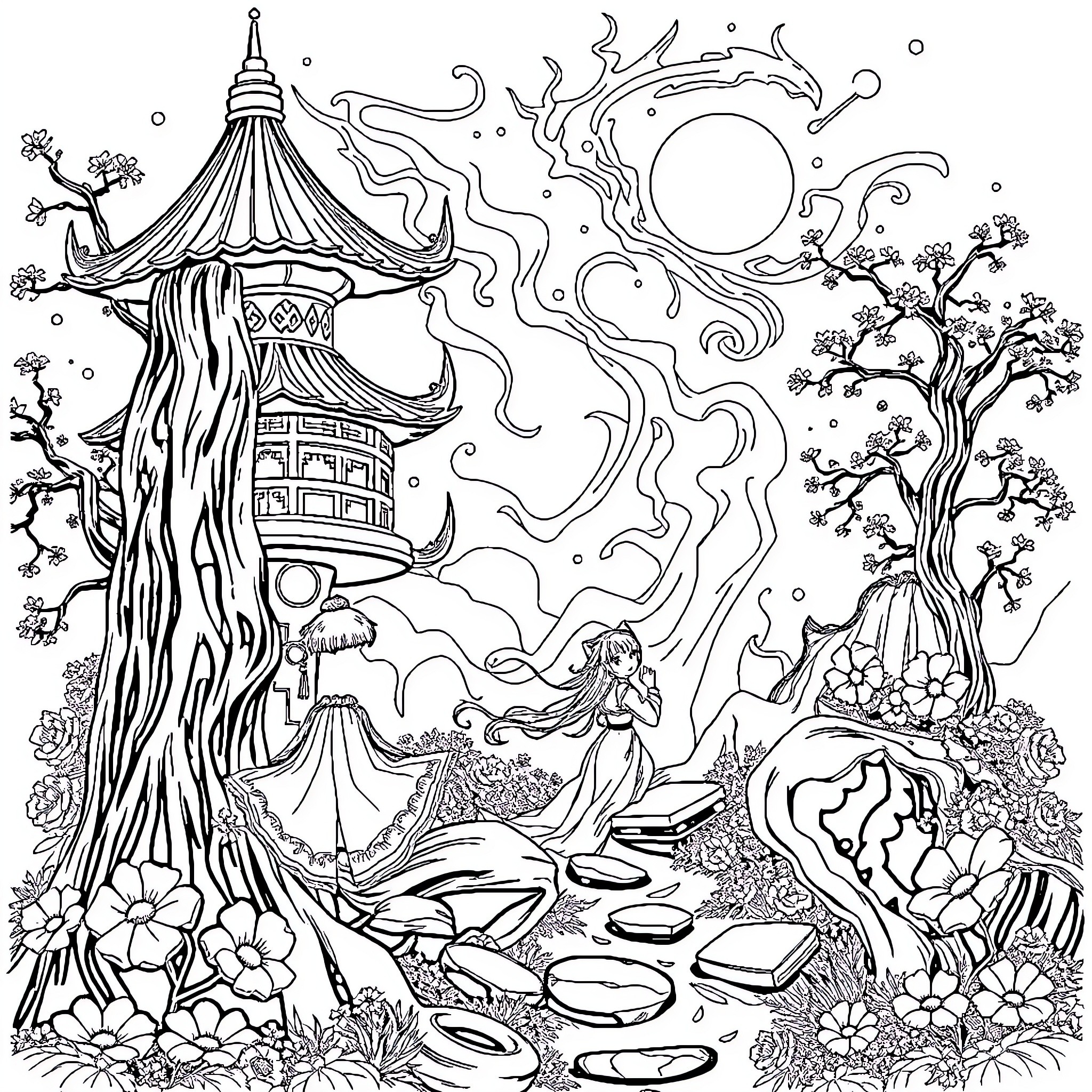 Fushigi Yuugi: Magical Maiden Exploring Enchanted Landscape Coloring Page (free black-and-white line drawing printable PDF for all, from beginners to advanced learners, including children, teens, adults, and seniors)