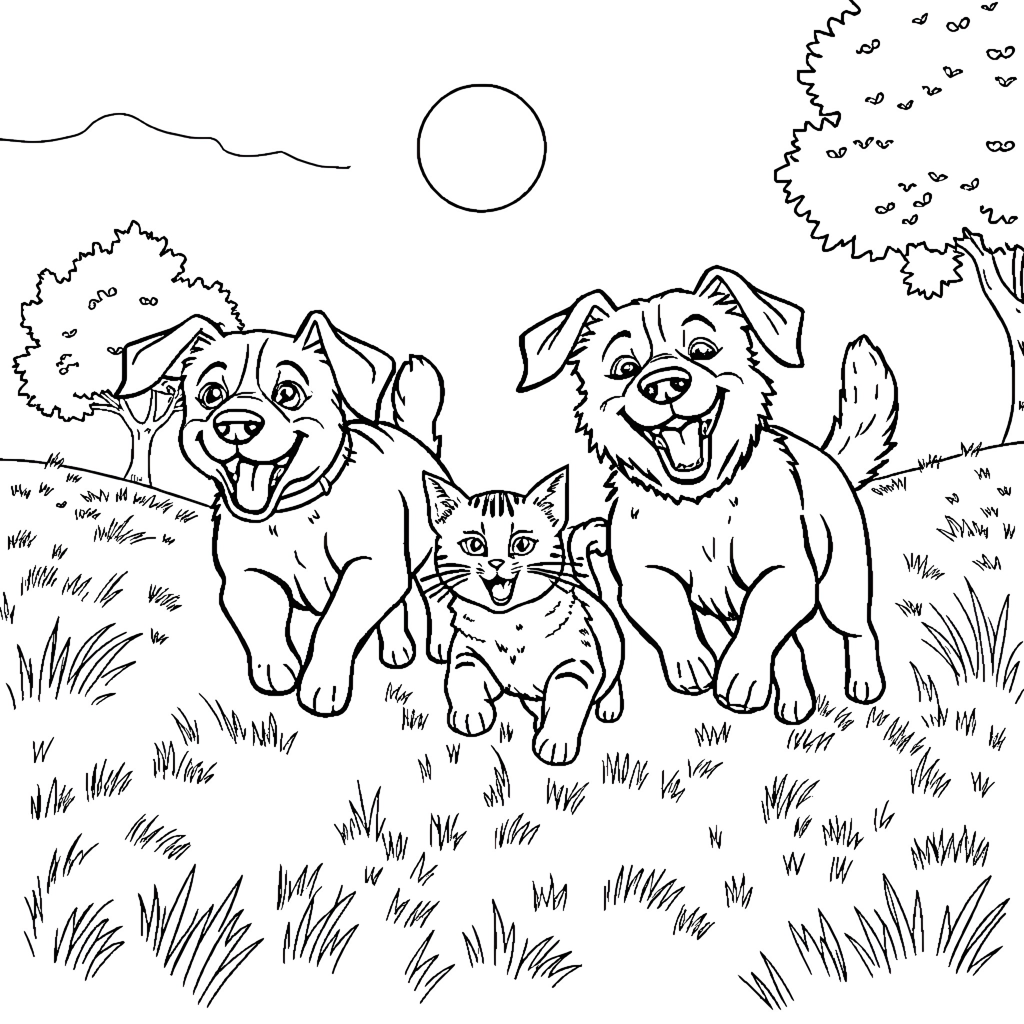 Dog friends exploring the outdoors happily Coloring Page (free black-and-white line drawing printable PDF for all, from beginners to advanced learners, including children, teens, adults, and seniors)