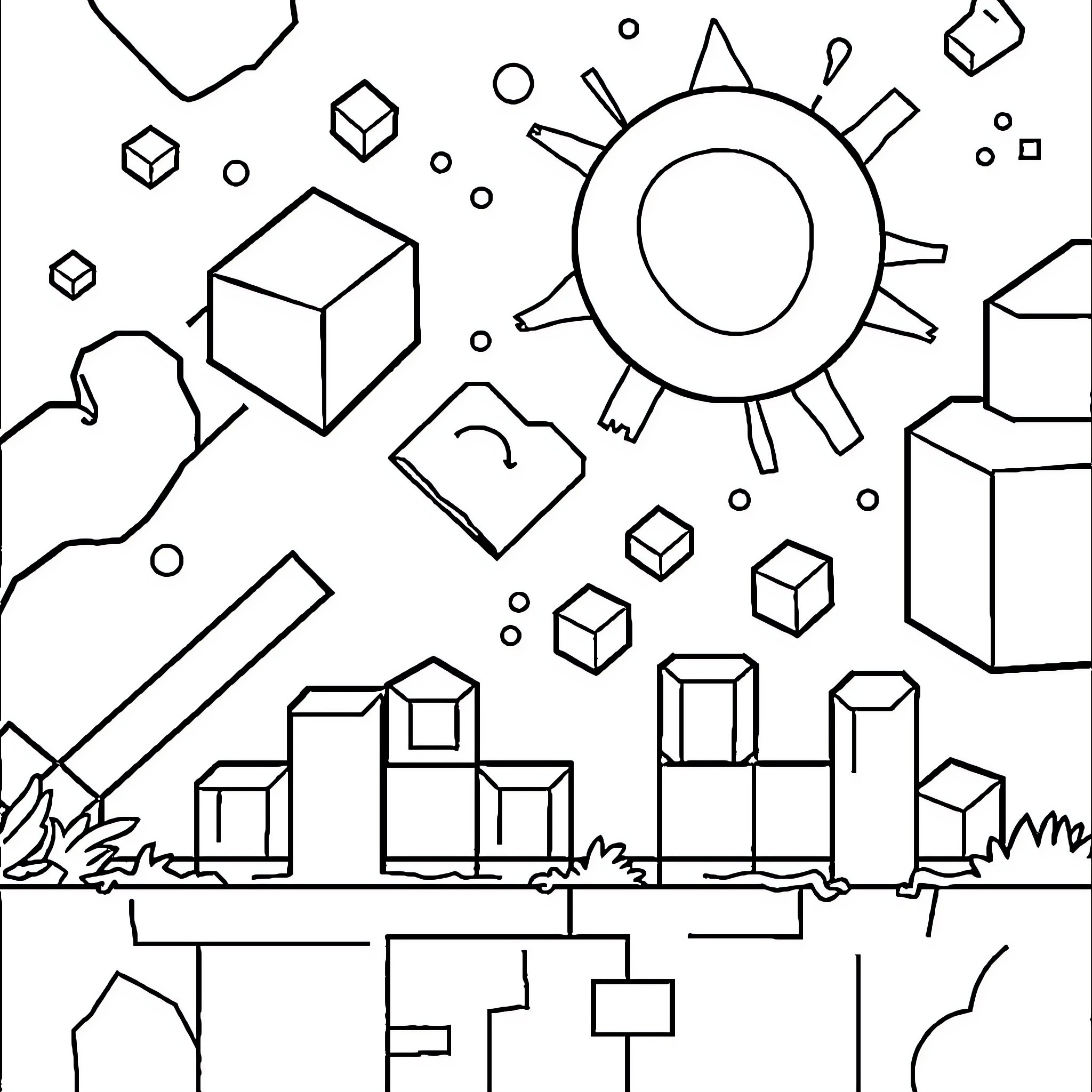 Geometry Dash Abstract Shapes and Structures Coloring Page (free black-and-white line drawing printable PDF for all, from beginners to advanced learners, including children, teens, adults, and seniors)
