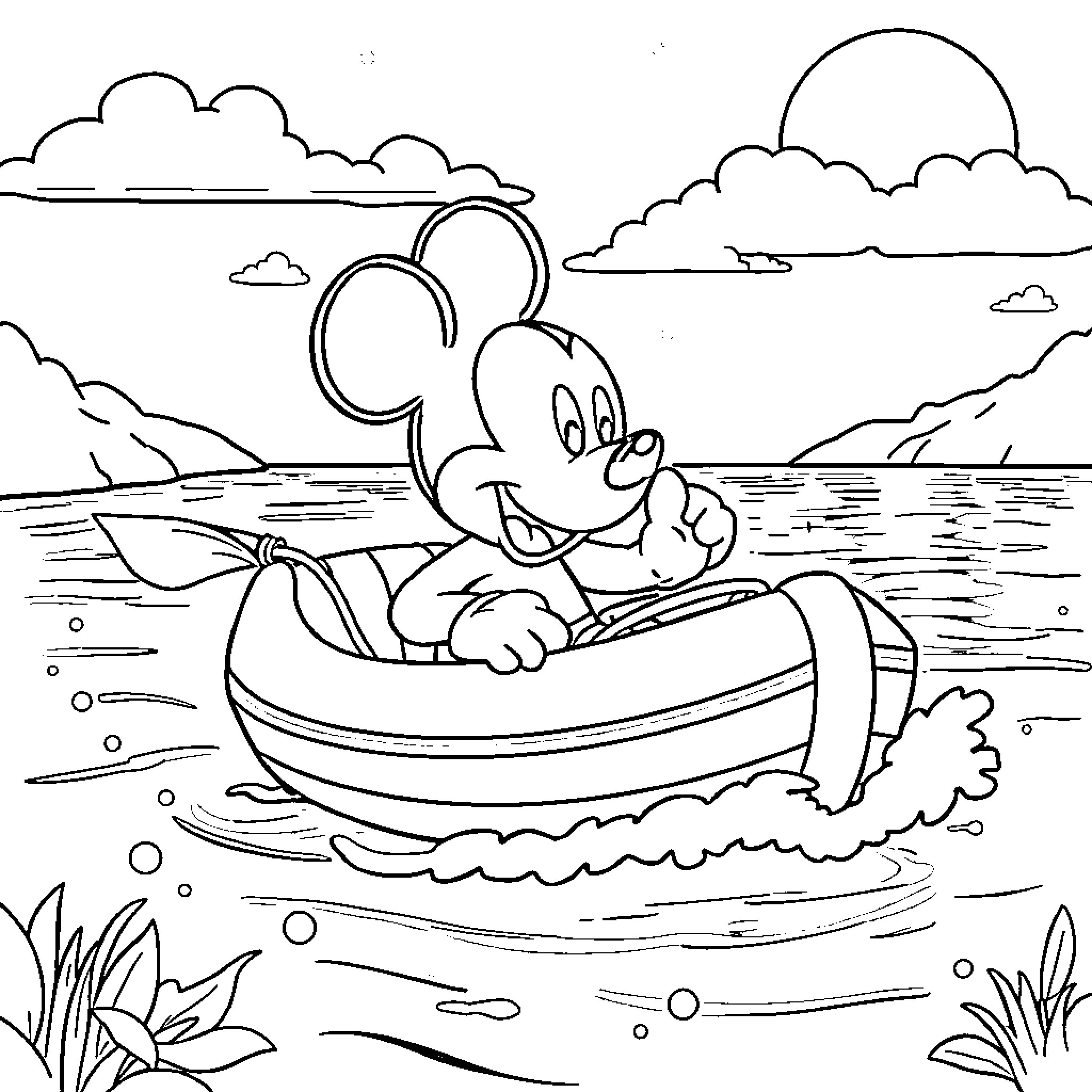 Mickey Mouse enjoying a boat ride on the lake Coloring Page (free black-and-white line drawing printable PDF for all, from beginners to advanced learners, including children, teens, adults, and seniors)