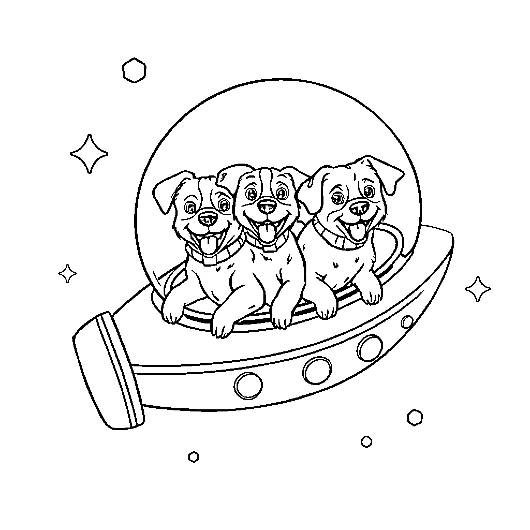 Dog companions exploring space in a spaceship Coloring Page (free black-and-white line drawing printable PDF for all, from beginners to advanced learners, including children, teens, adults, and seniors)