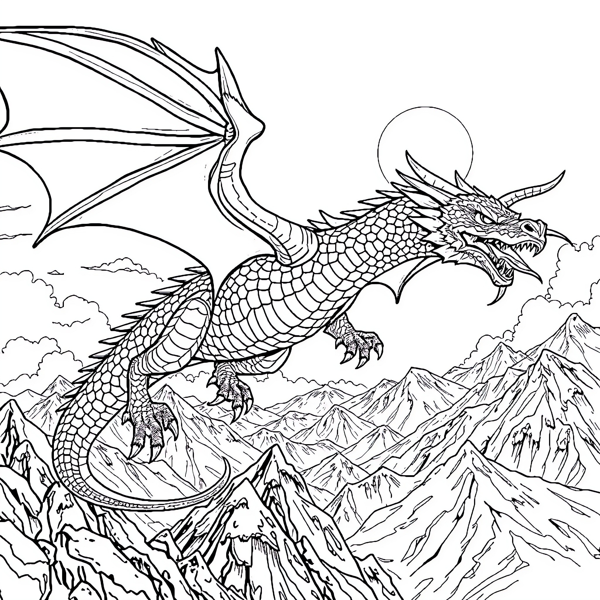 Dragon soaring over majestic mountain range Coloring Page (free black-and-white line drawing printable PDF for all, from beginners to advanced learners, including children, teens, adults, and seniors)