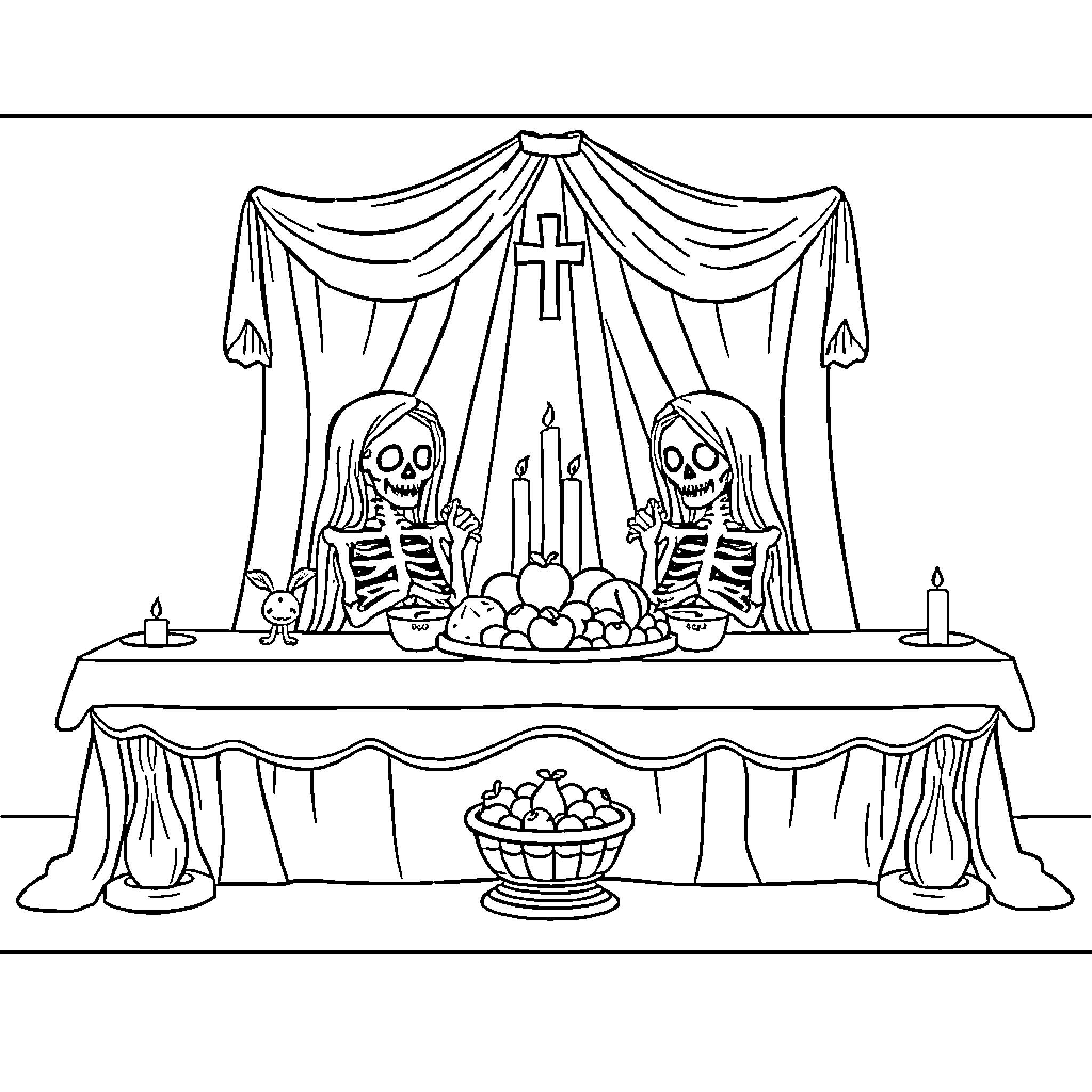 Altar adorned with religious symbols and offerings Coloring Page (free black-and-white line drawing printable PDF for all, from beginners to advanced learners, including children, teens, adults, and seniors)