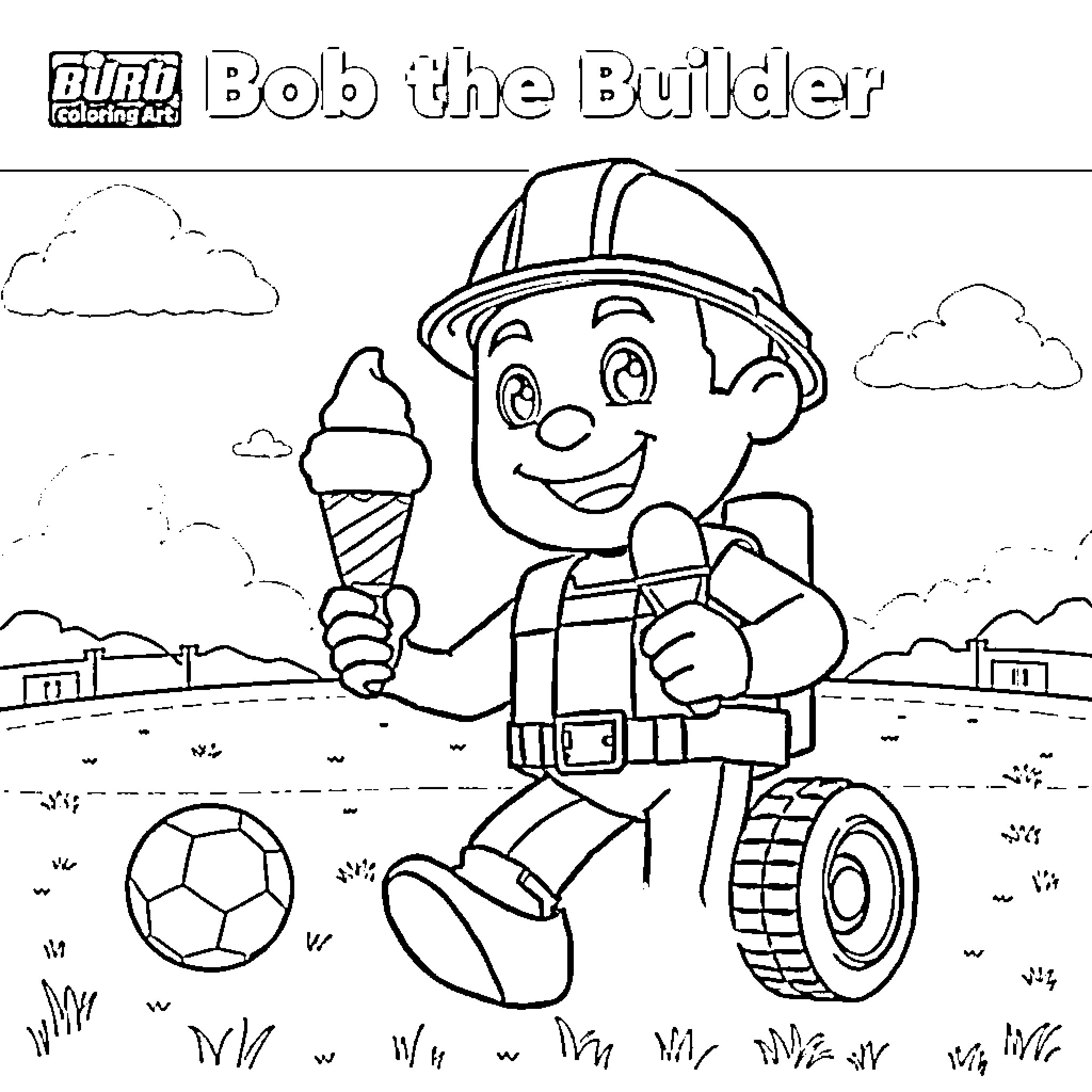 Bob the Builder enjoying an ice cream on the construction site Coloring Page (free black-and-white line drawing printable PDF for all, from beginners to advanced learners, including children, teens, adults, and seniors)