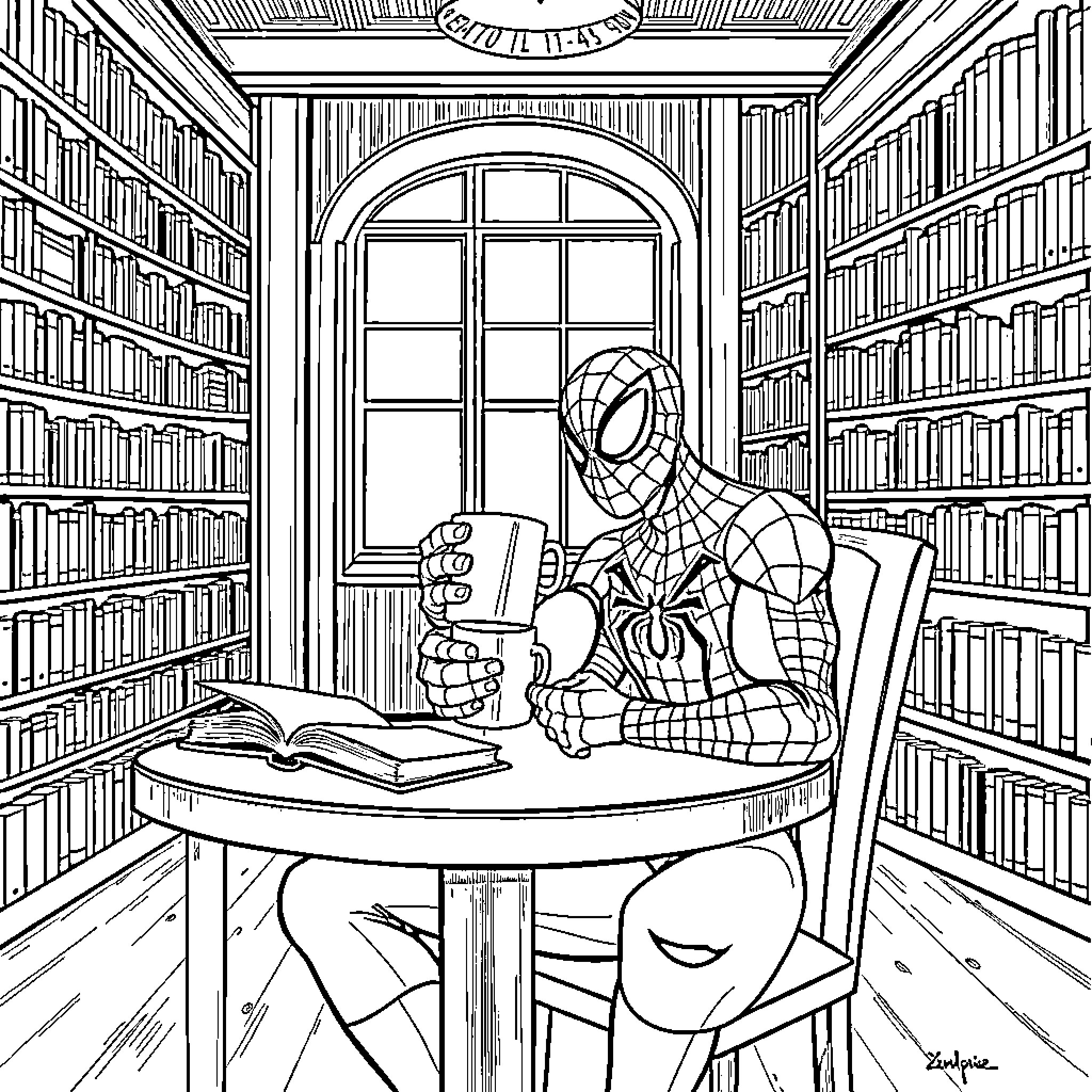 Spidey reading in the library Coloring Page (free black-and-white line drawing printable PDF for all, from beginners to advanced learners, including children, teens, adults, and seniors)