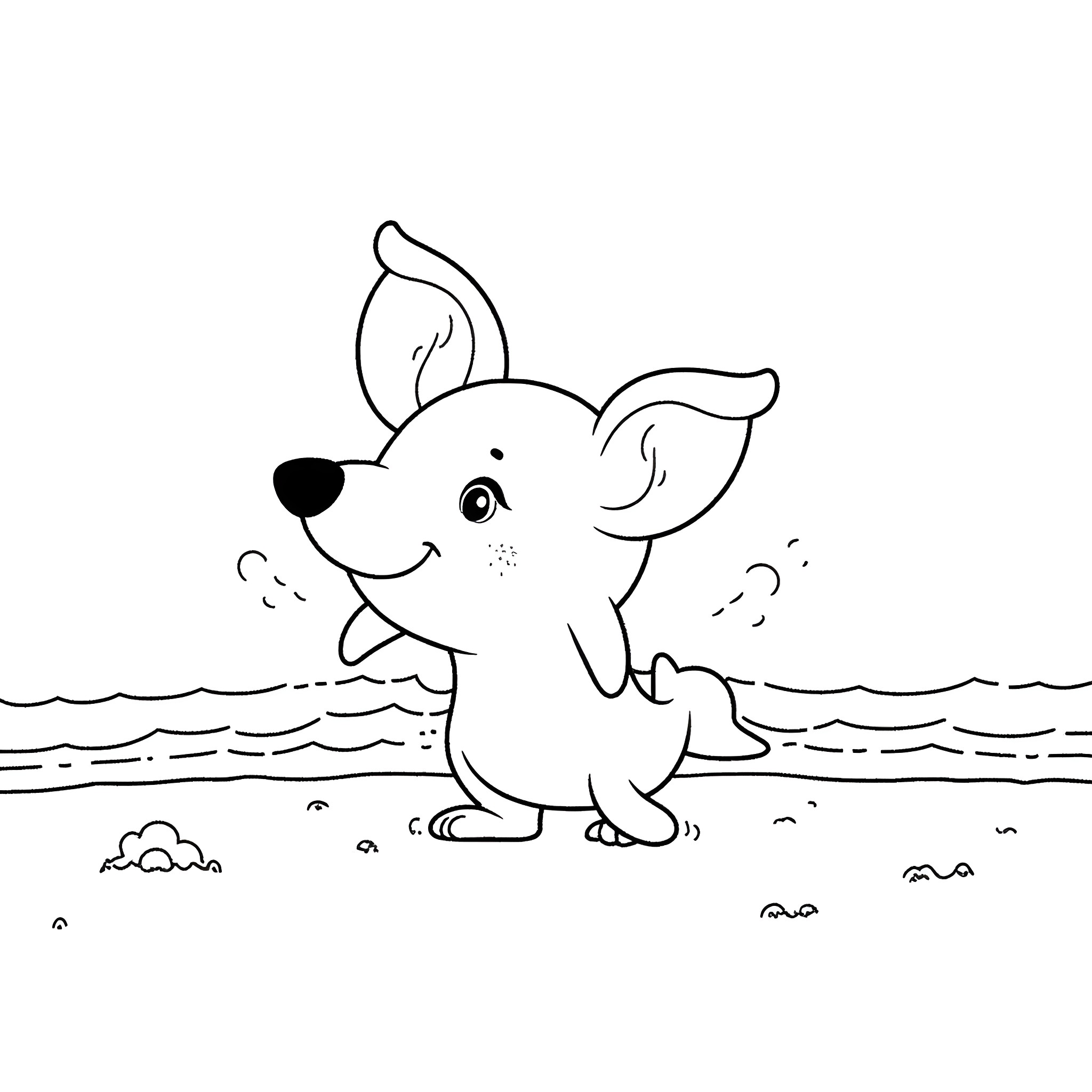 Labubu the playful puppy on the beach Coloring Page (free black-and-white line drawing printable PDF for all, from beginners to advanced learners, including children, teens, adults, and seniors)
